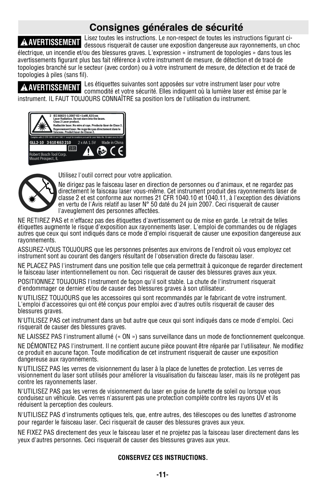 Bosch Power Tools GLL2-10 manual Consignes générales de sécurité, Utilisez loutil correct pour votre application 