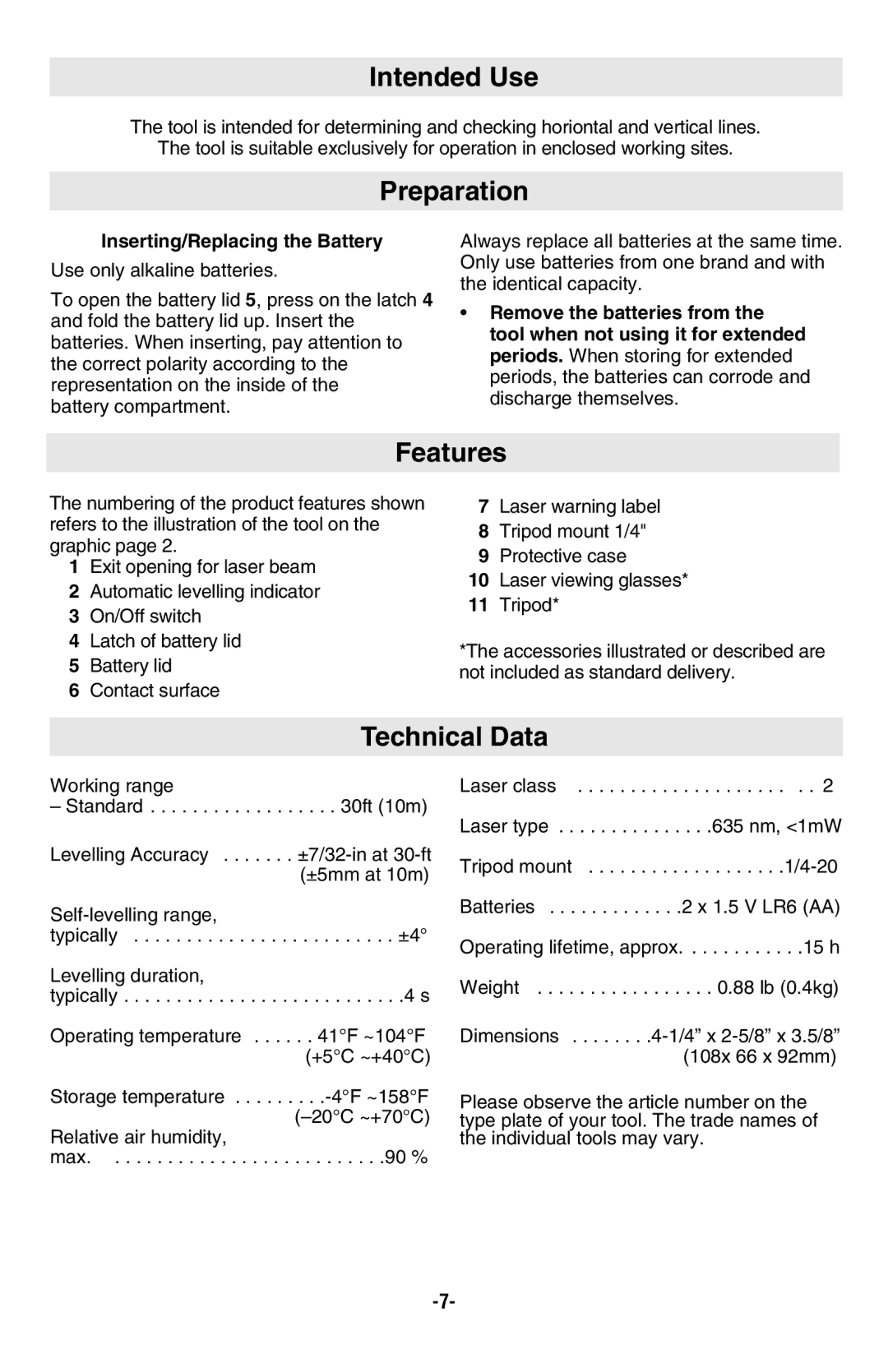 Bosch Power Tools GLL2-10 manual Intended Use, Preparation, Features, Technical Data, Inserting/Replacing the Battery 