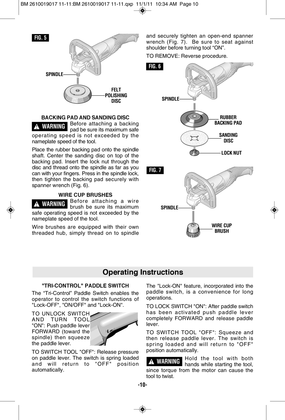 Bosch Power Tools GP712VS manual Operating Instructions, Spindle Felt Polishing Disc, Spindle Backing PAD and Sanding Disc 