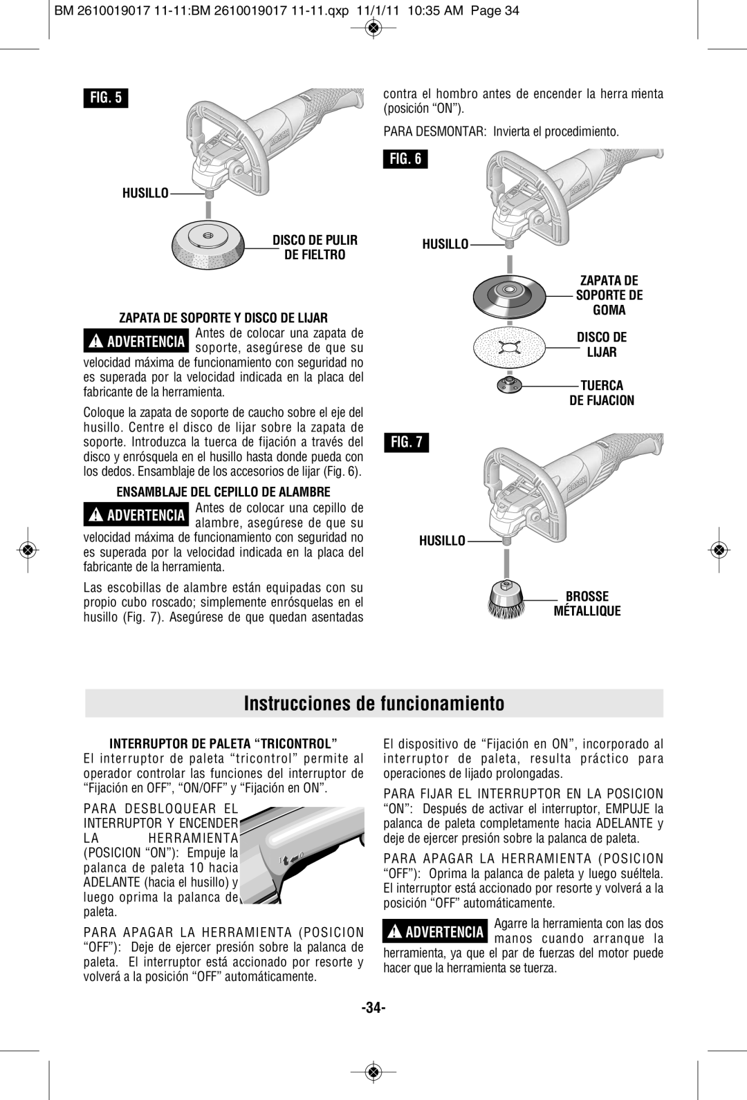 Bosch Power Tools GP712VS manual Instrucciones de funcionamiento, Ensamblaje DEL Cepillo DE Alambre 