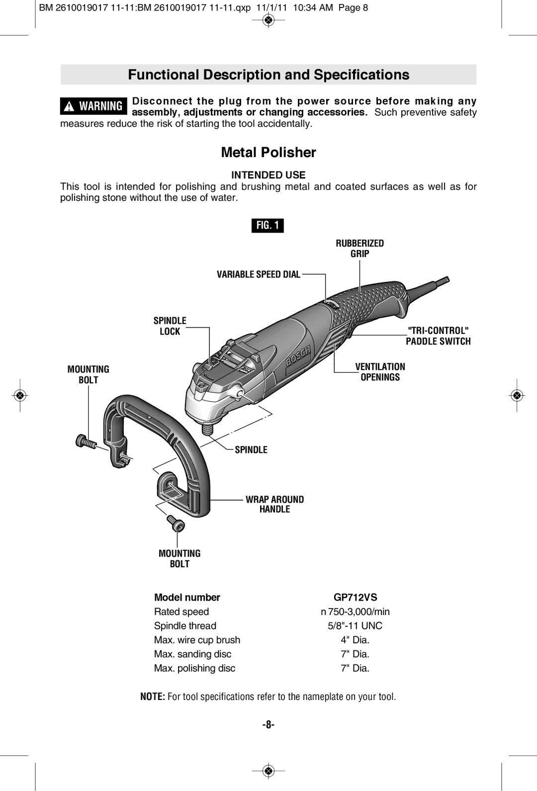 Bosch Power Tools GP712VS manual Functional Description and Specifications, Metal Polisher, Intended USE, Model number 