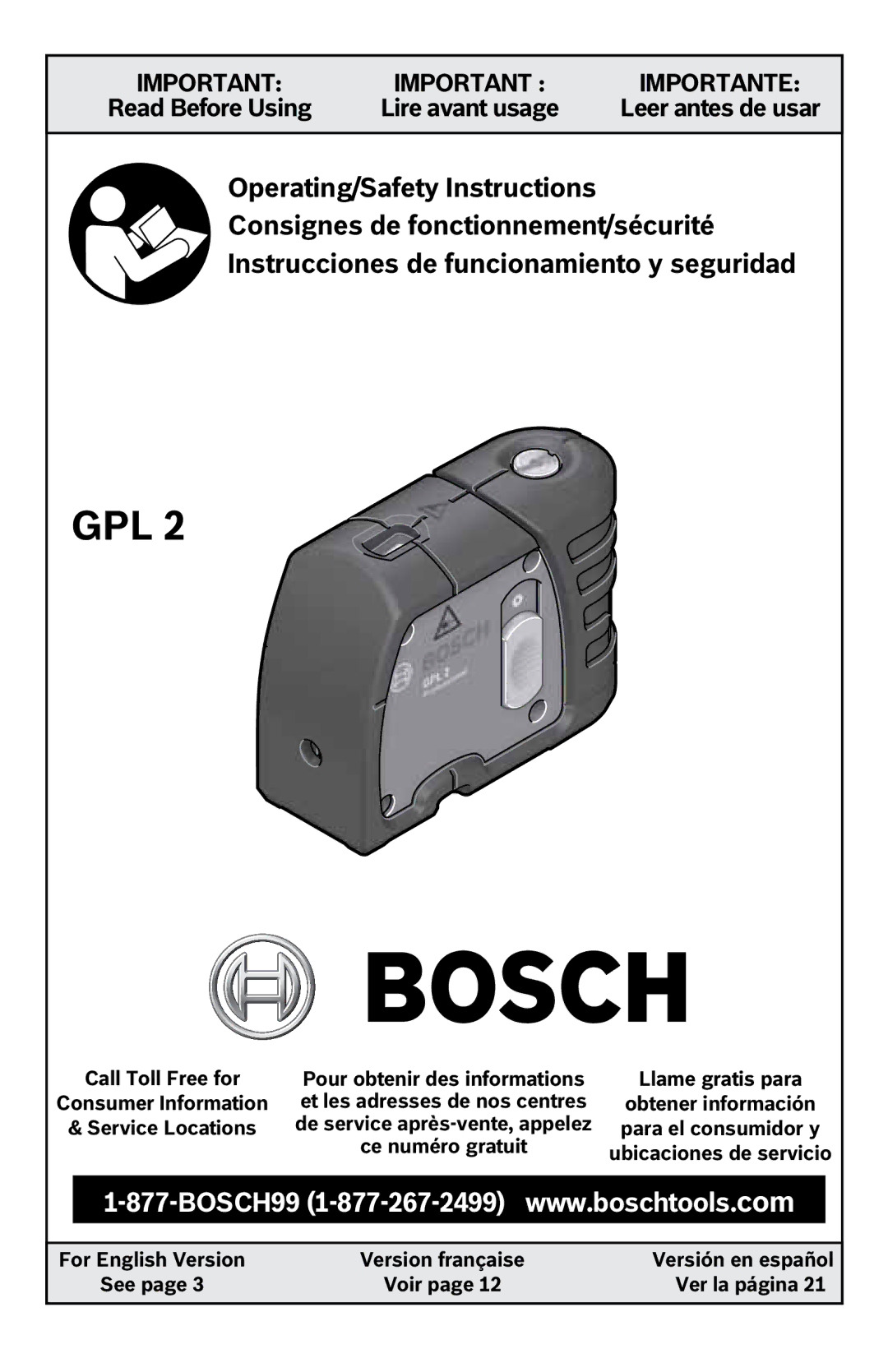 Bosch Power Tools GPL2 manual Pour obtenir des informations Llame gratis para, Obtener información, Version française 