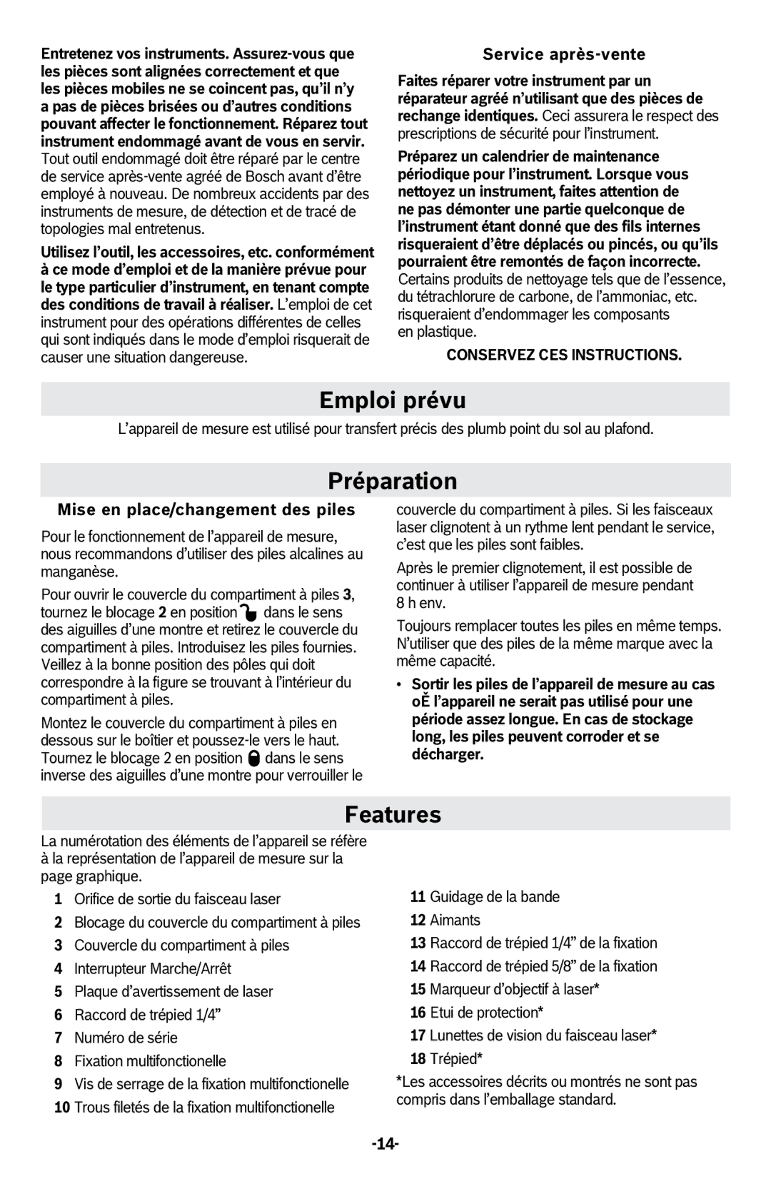 Bosch Power Tools GPL2 Emploi prévu, Préparation, Service après-vente, En plastique, Mise en place/changement des piles 