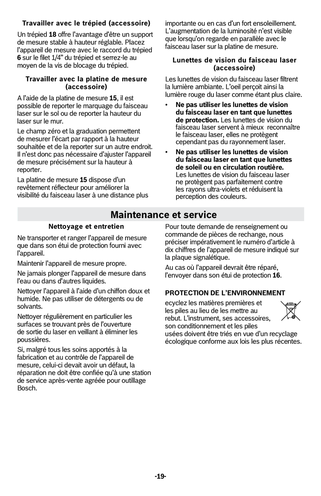 Bosch Power Tools GPL2 manual Maintenance et service, Travailler avec le trépied accessoire, Nettoyage et entretien 