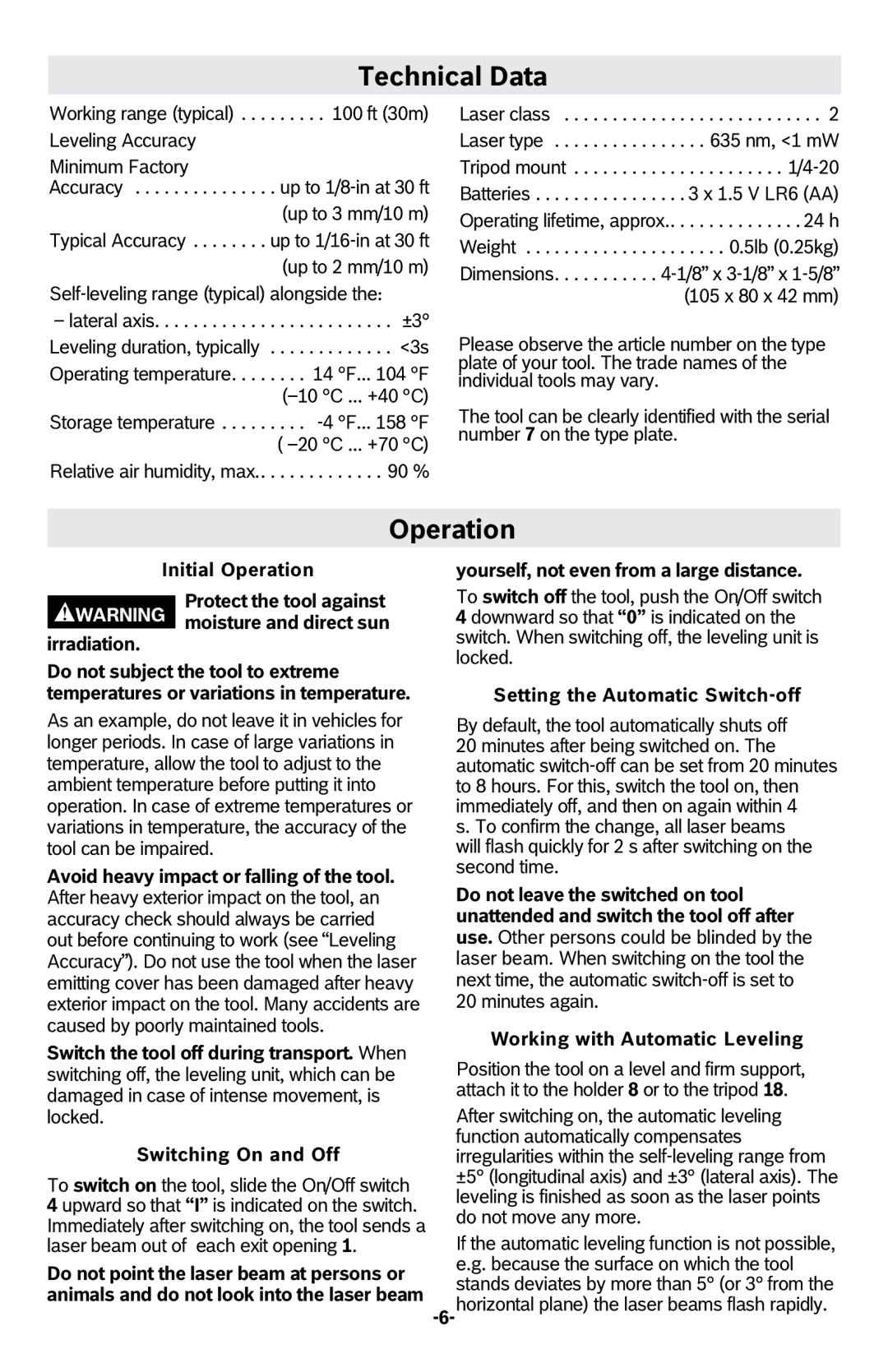 Bosch Power Tools GPL2 manual Technical Data, Operation 