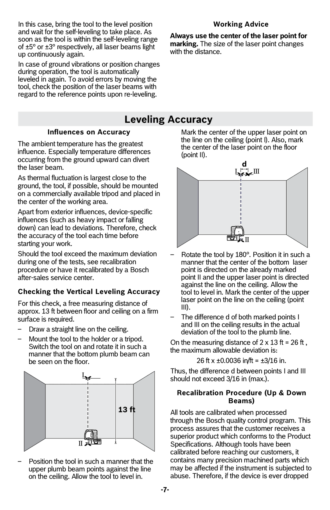 Bosch Power Tools GPL2 manual Working Advice, Influences on Accuracy, Checking the Vertical Leveling Accuracy 