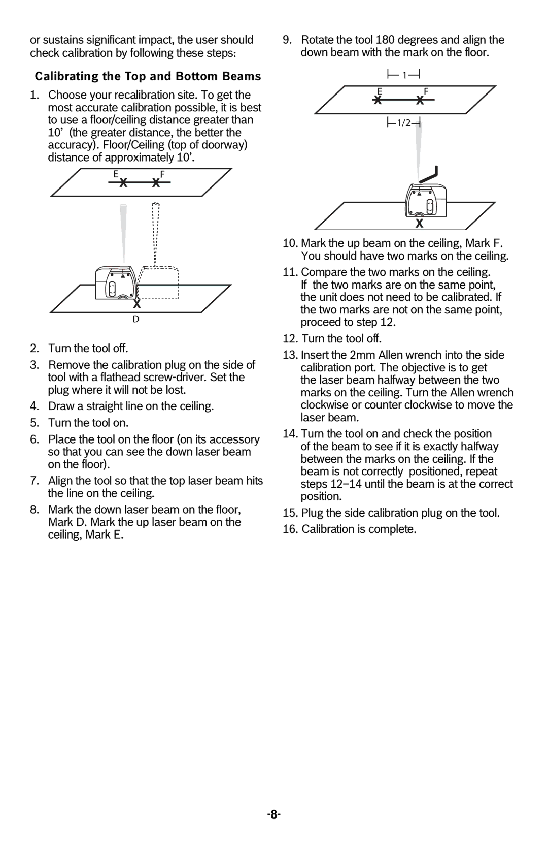 Bosch Power Tools GPL2 manual Calibrating the Top and Bottom Beams 