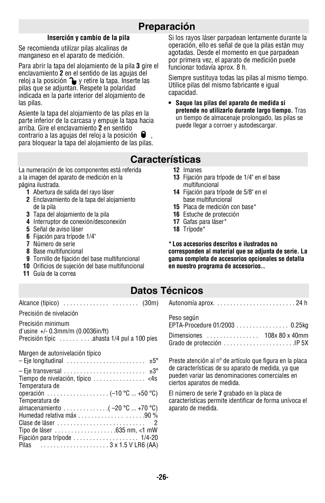 Bosch Power Tools GPL3 manual Preparación, Características, Datos Técnicos, Inserción y cambio de la pila 