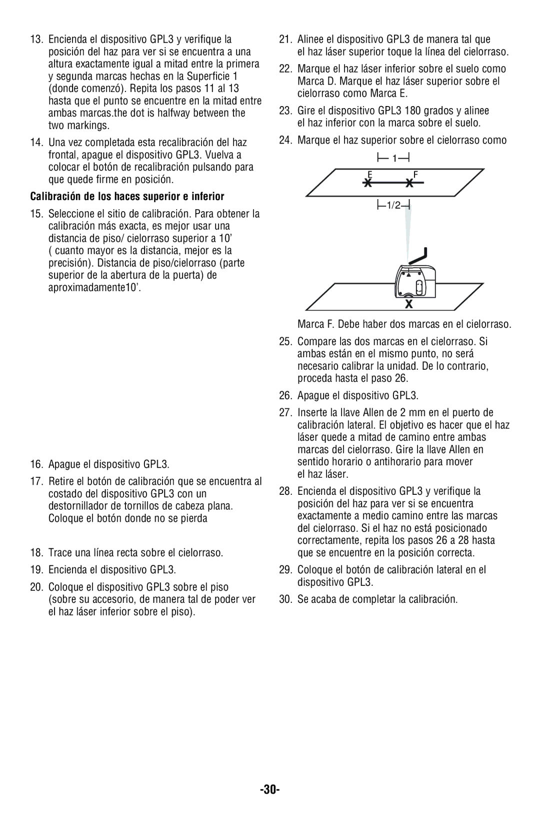 Bosch Power Tools GPL3 manual Calibración de los haces superior e inferior, Marque el haz superior sobre el cielorraso como 