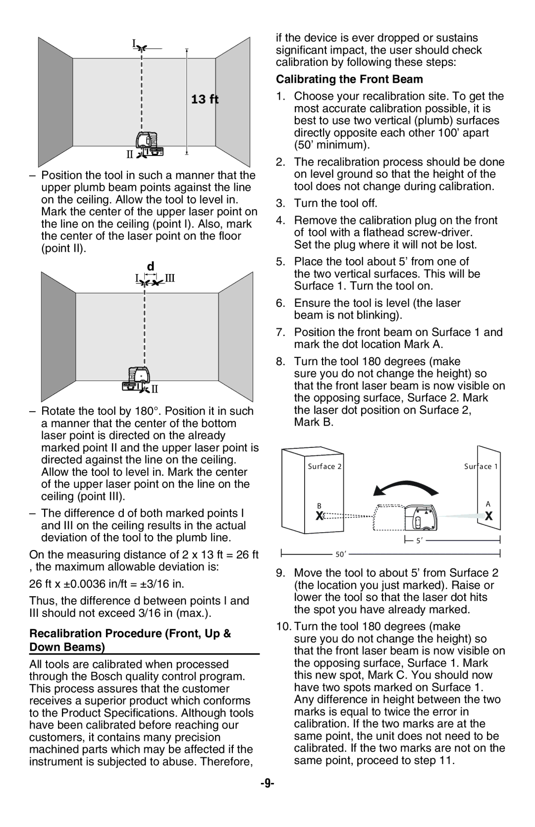 Bosch Power Tools GPL3 manual Recalibration Procedure Front, Up & Down Beams, Calibrating the Front Beam 