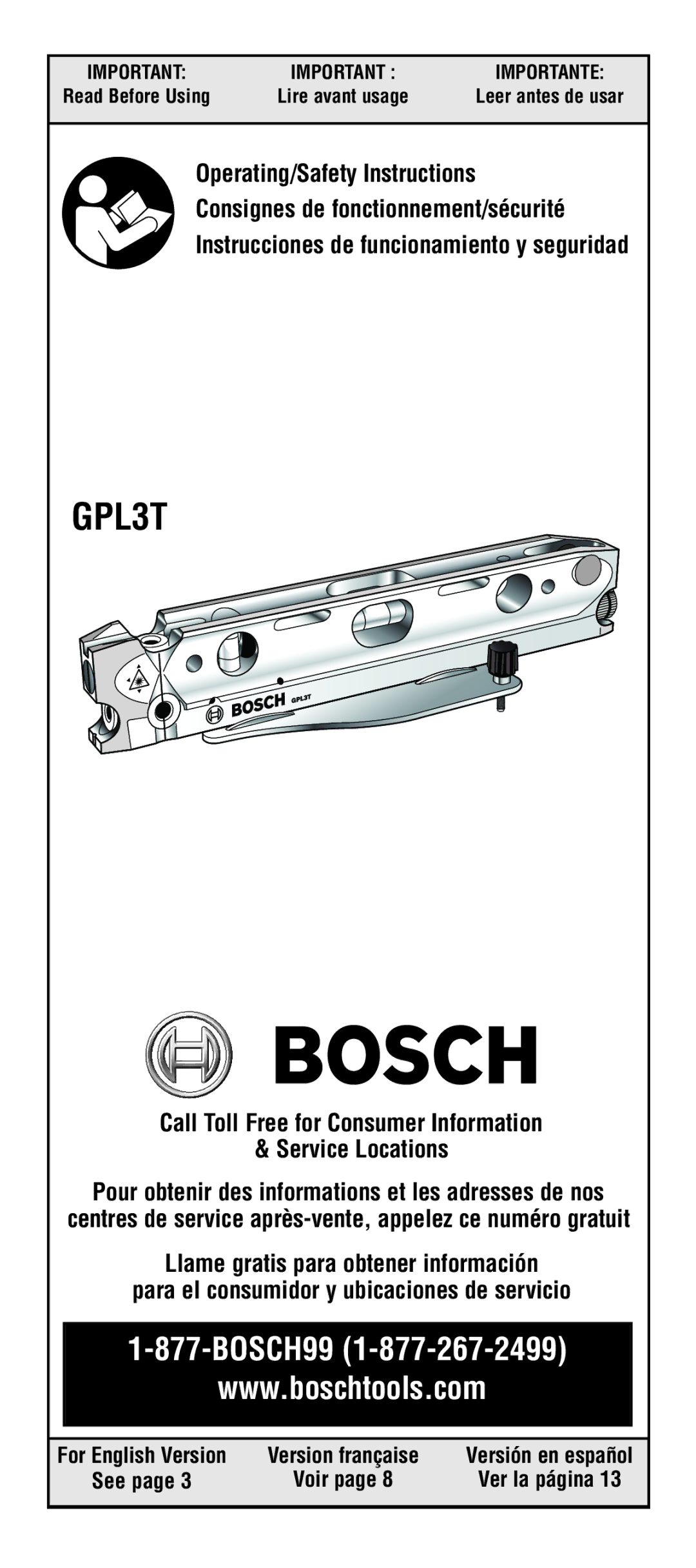 Bosch Power Tools GPL3T manual Importante 