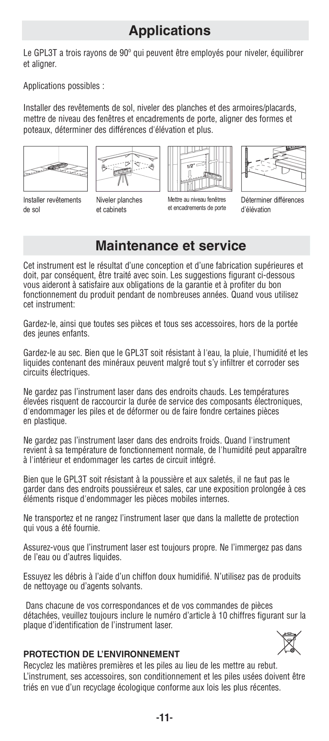 Bosch Power Tools GPL3T manual Maintenance et service, Protection DE L’ENVIRONNEMENT 