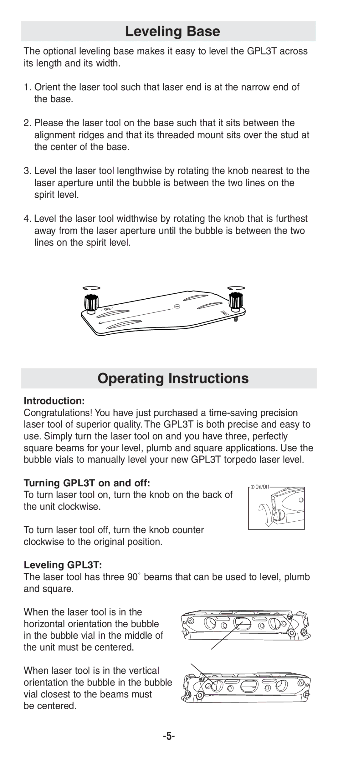 Bosch Power Tools manual Leveling Base, Operating Instructions, Introduction, Turning GPL3T on and off, Leveling GPL3T 