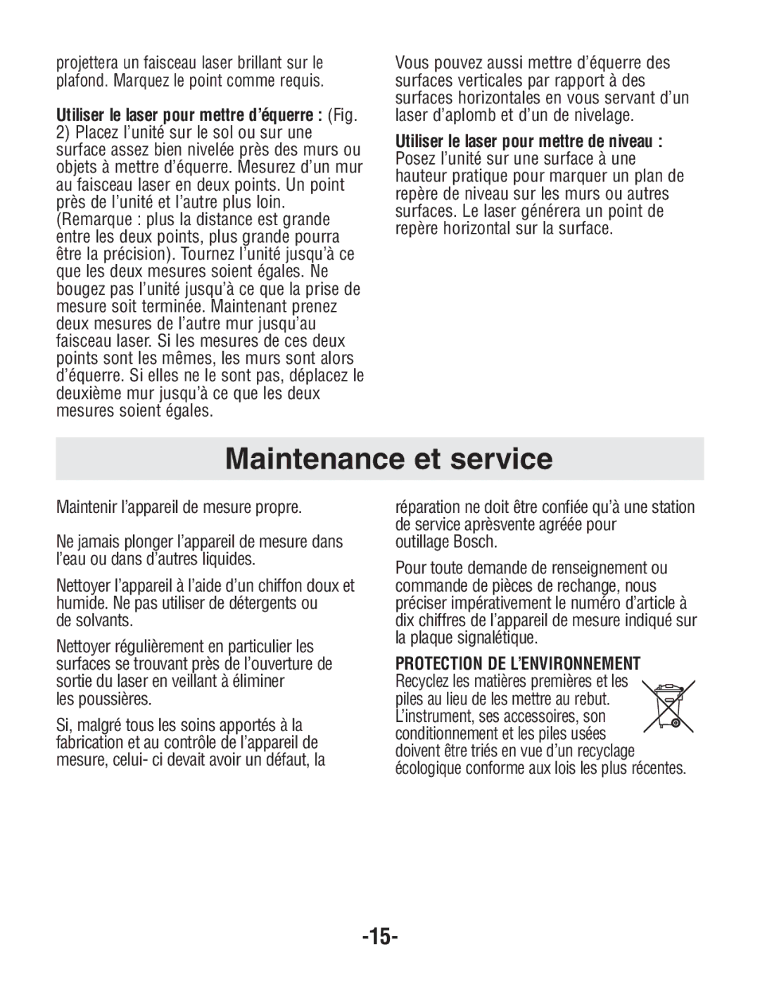 Bosch Power Tools GPL4 manual Maintenance et service, Maintenir l’appareil de mesure propre, De solvants, Les poussières 