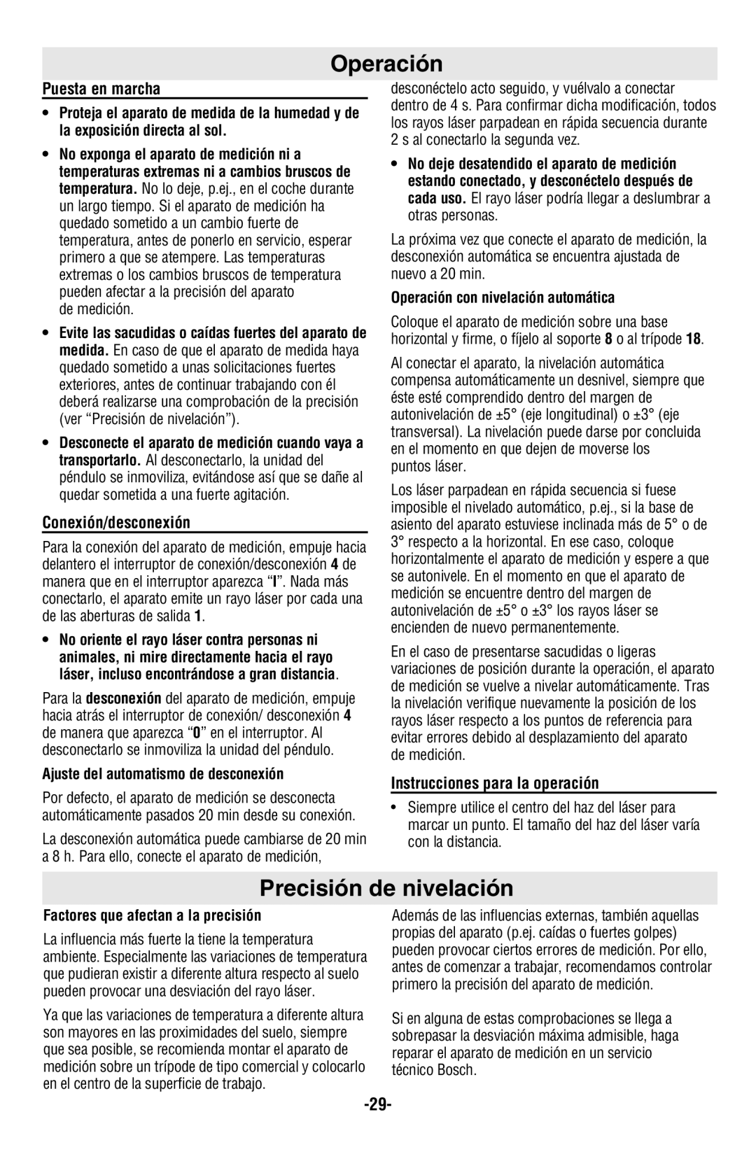 Bosch Power Tools GPL5 manual Operación, Precisión de nivelación 