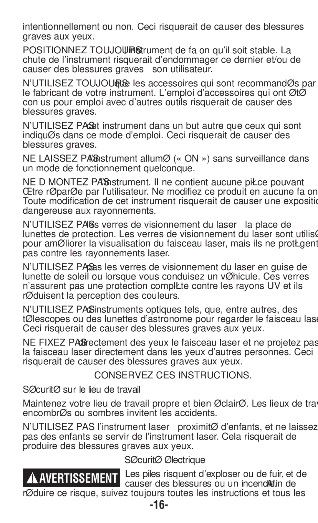 Bosch Power Tools GPLL5 manual Sécurité sur le lieu de travail, Sécurité électrique 