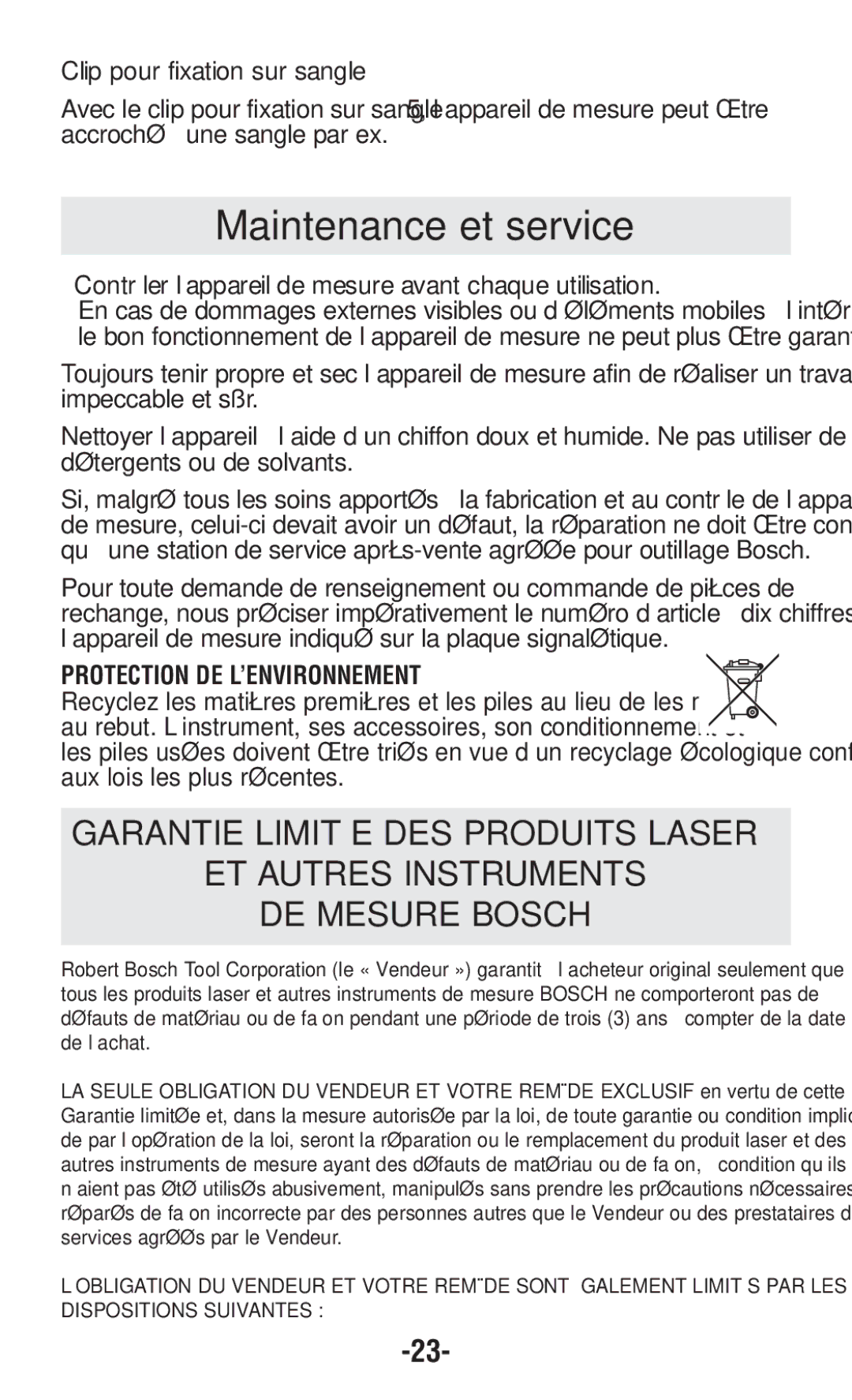 Bosch Power Tools GPLL5 manual Maintenance et service, Clip pour fixation sur sangle 