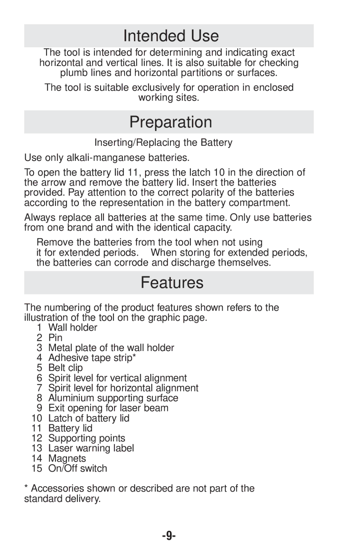 Bosch Power Tools GPLL5 manual Intended Use, Preparation, Features, Inserting/Replacing the Battery 