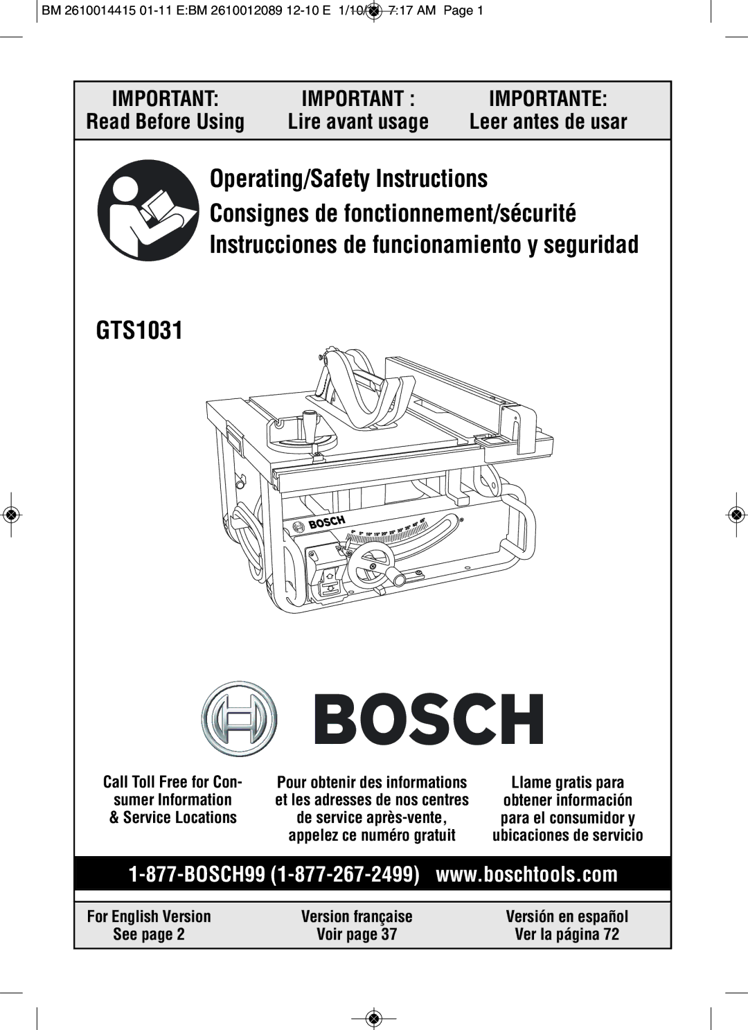 Bosch Power Tools GTS1031 manual BM 2610014415 01-11 EBM 2610012089 12-10 E 1/10/11 717 AM, Ver la página 