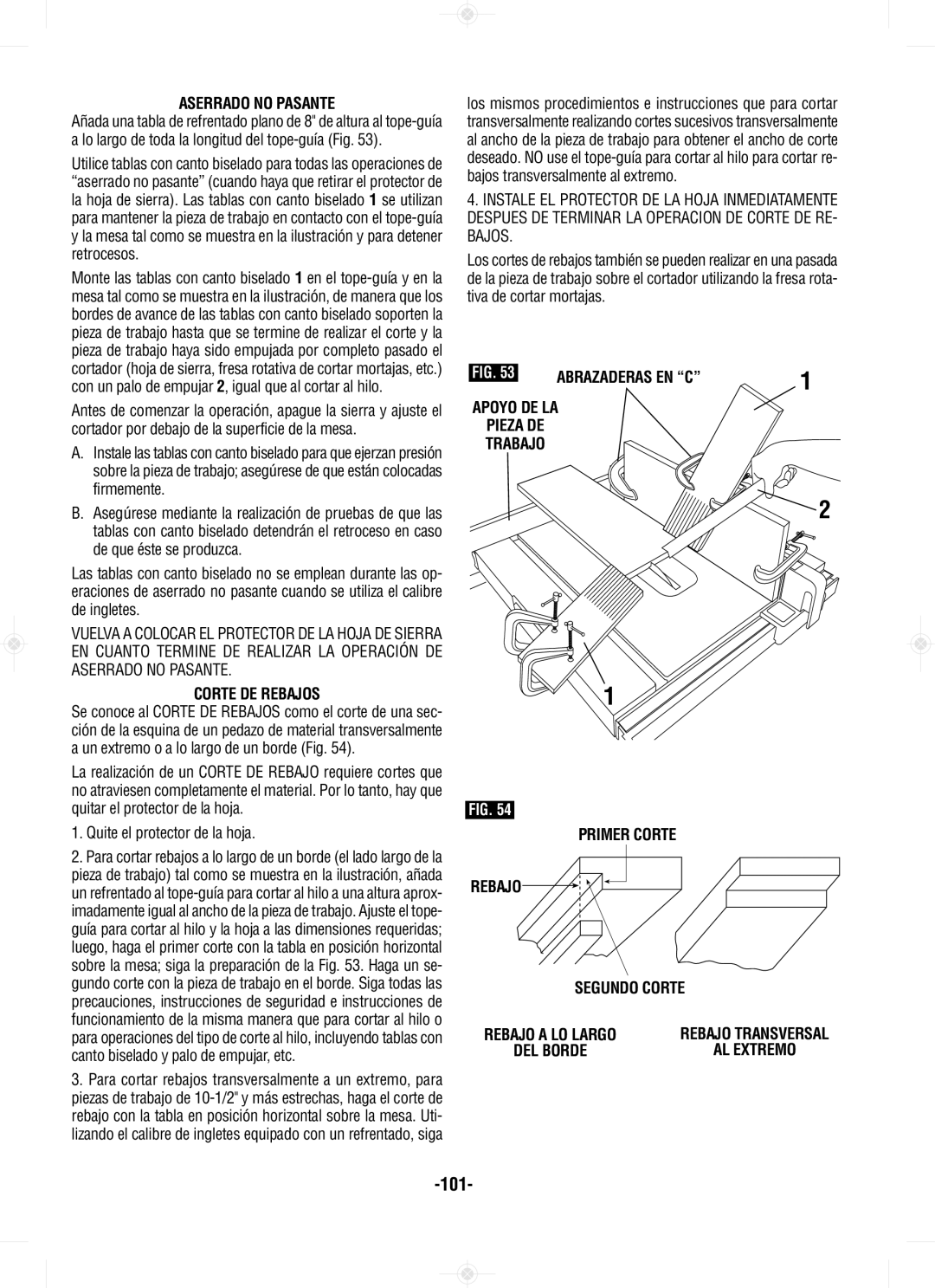 Bosch Power Tools GTS1031 manual 101, Pieza DE, Corte DE Rebajos, Quite el protector de la hoja, Primer Corte Rebajo 