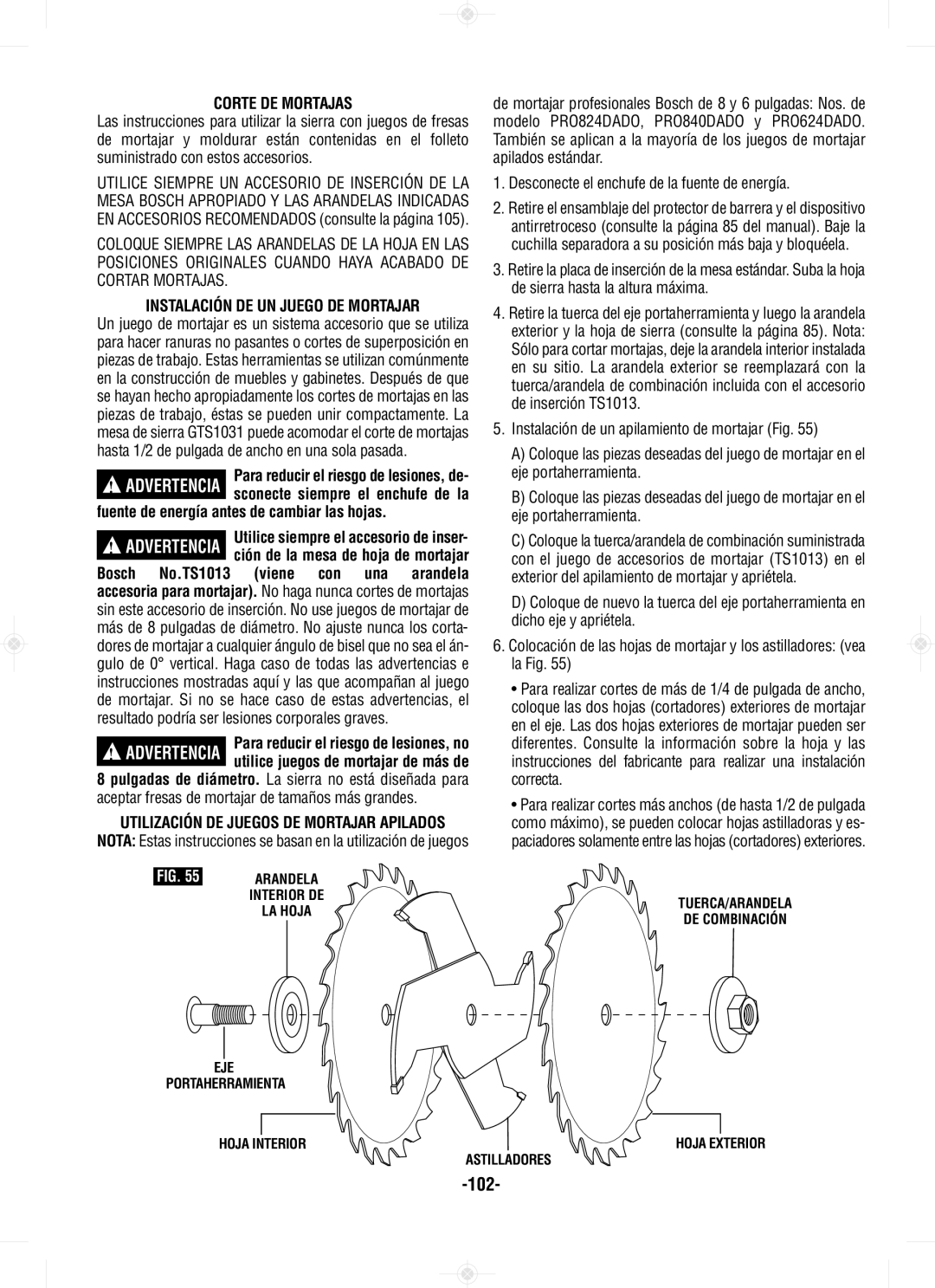 Bosch Power Tools GTS1031 manual 102, Corte DE Mortajas, Instalación DE UN Juego DE Mortajar 