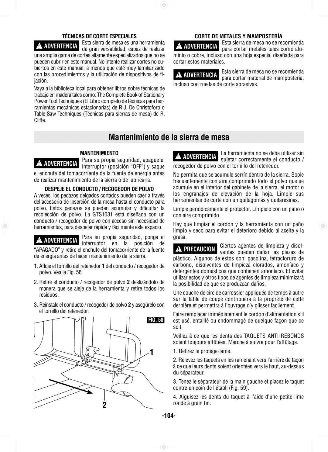 Bosch Power Tools GTS1031 manual Mantenimiento de la sierra de mesa, 104, Técnicas DE Corte Especiales 