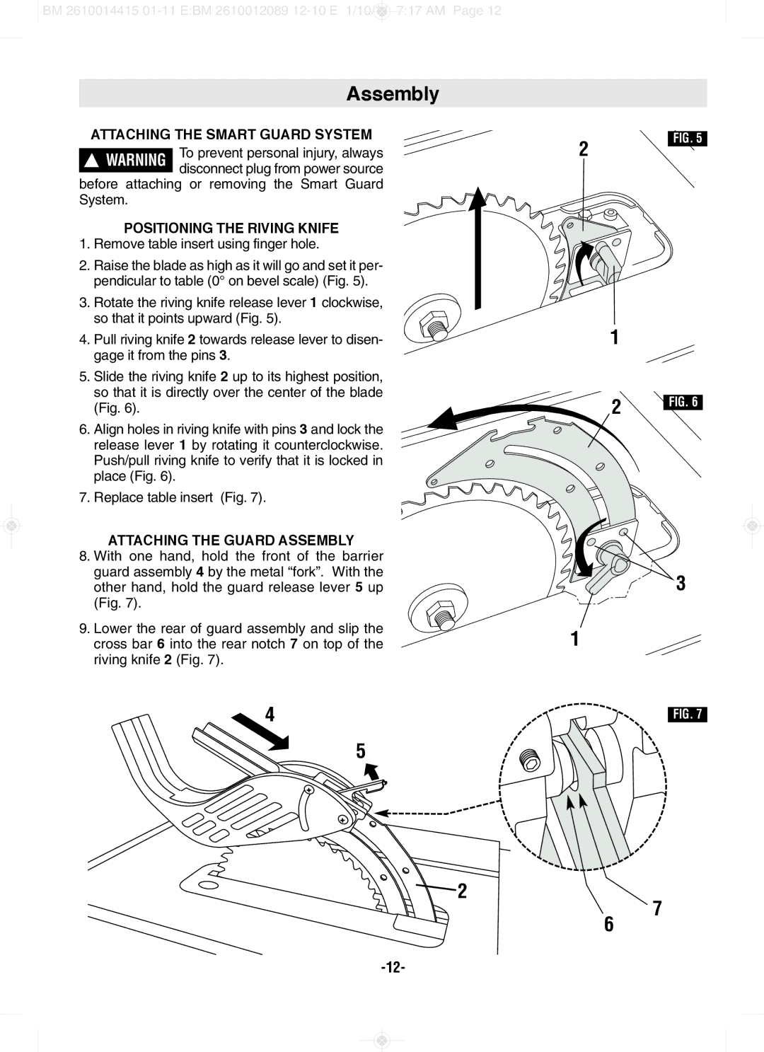 Bosch Power Tools GTS1031 manual Assembly, ATTACHINg the Smart gUARd SySTEM, POSITIONINg the RIVINg KNIfE 