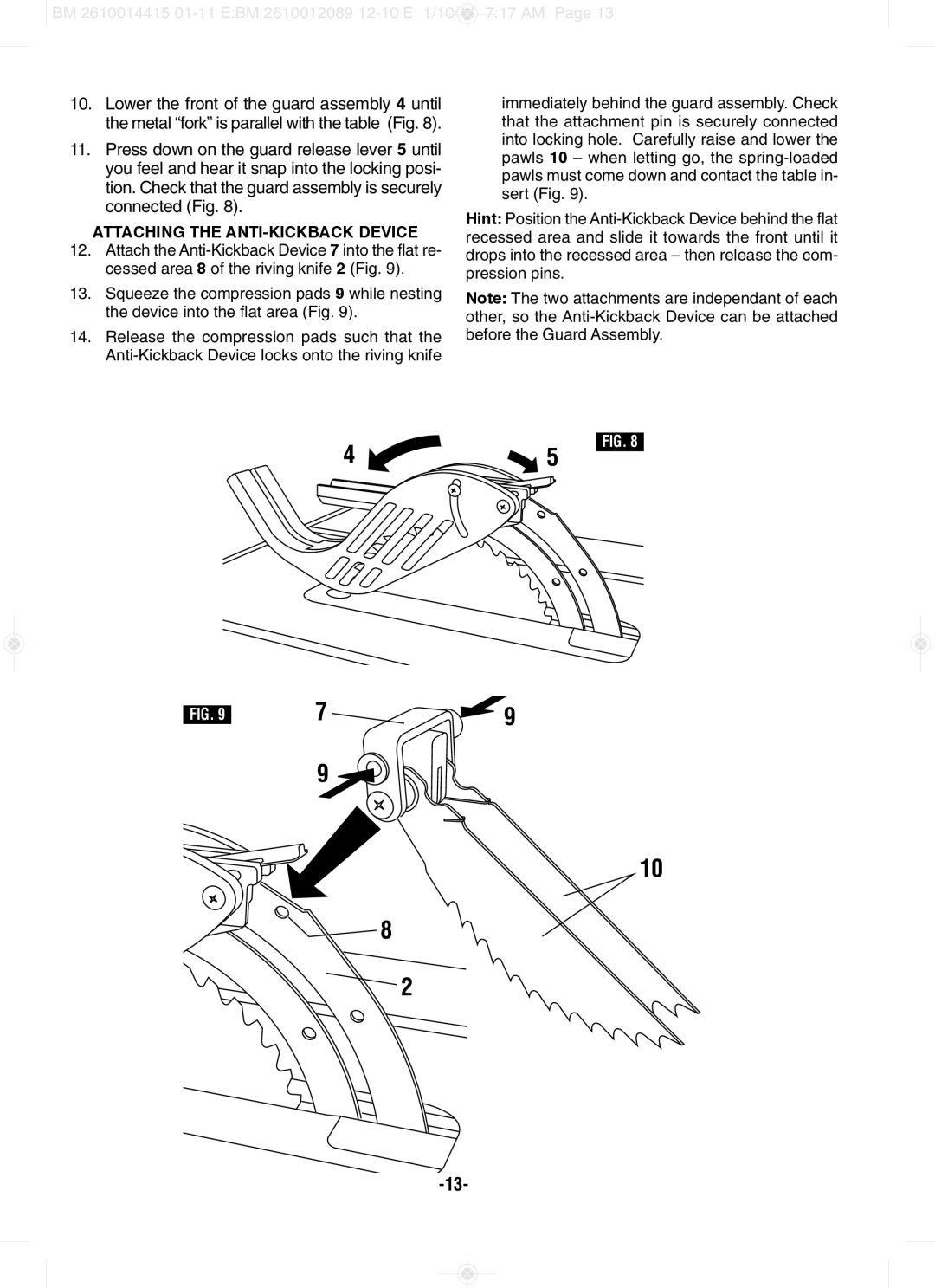 Bosch Power Tools GTS1031 manual ATTACHINg the ANTI-KICKbACK dEVICE 