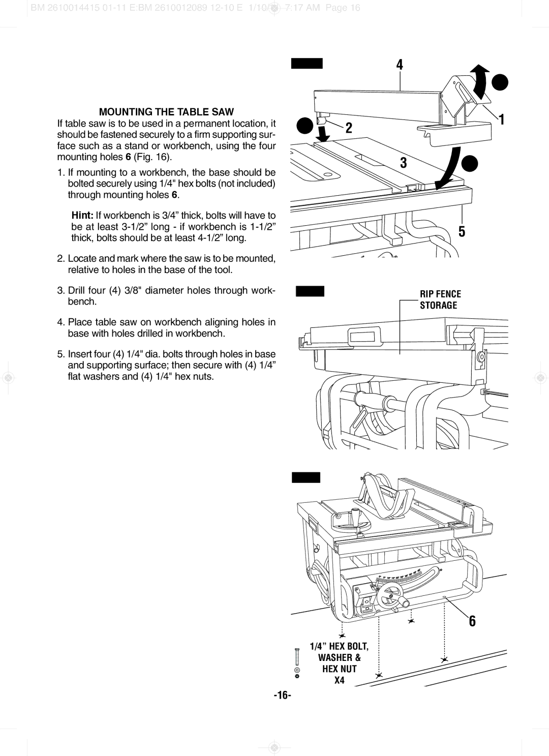 Bosch Power Tools GTS1031 manual MOUNTINg the TAblE SAW, HEX Bolt, Washer HEX NUT 