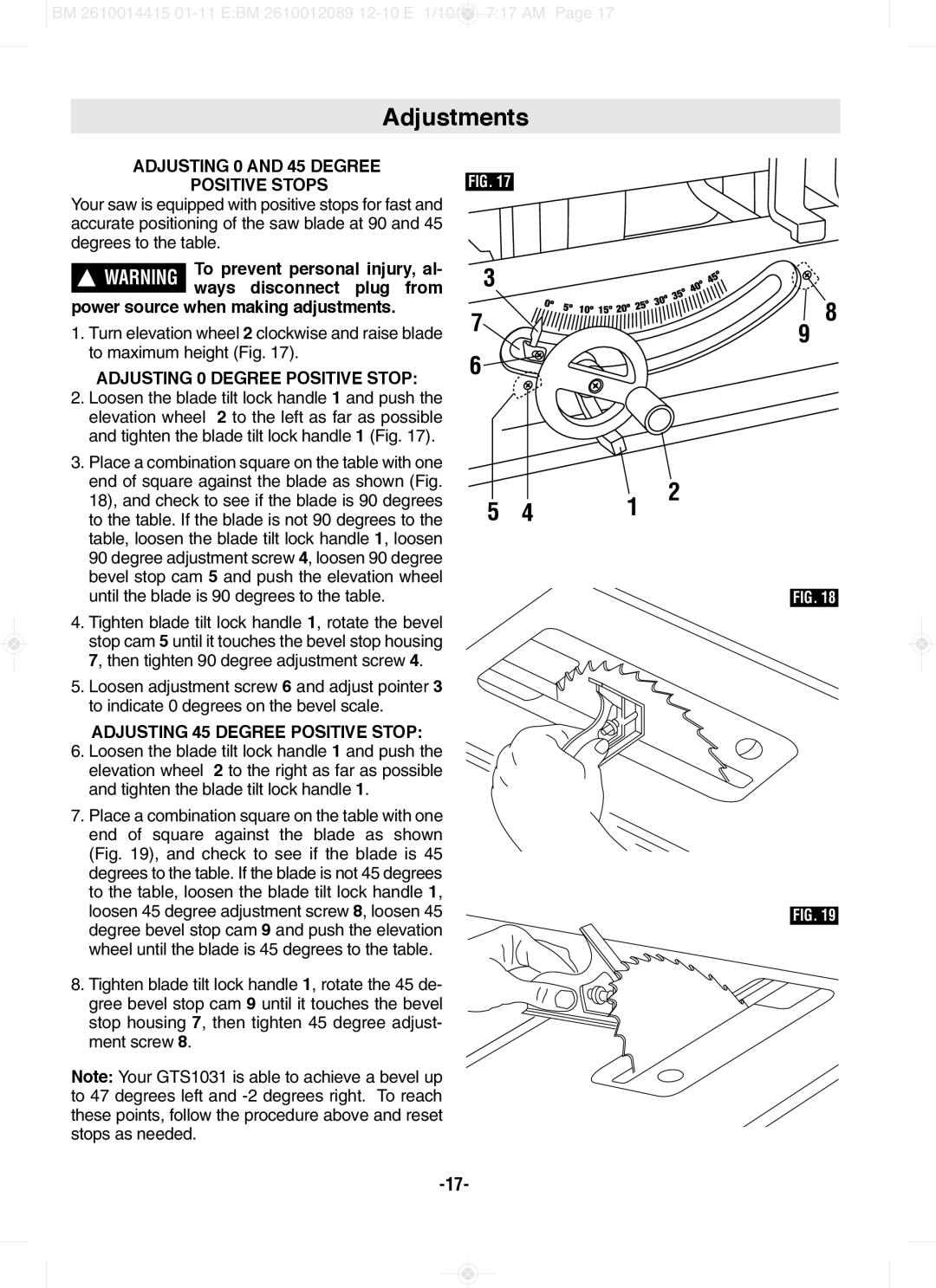 Bosch Power Tools GTS1031 Adjustments, AdjUSTINg 0 ANd 45 dEgREE POSITIVE STOpS, Power source when making adjustments 