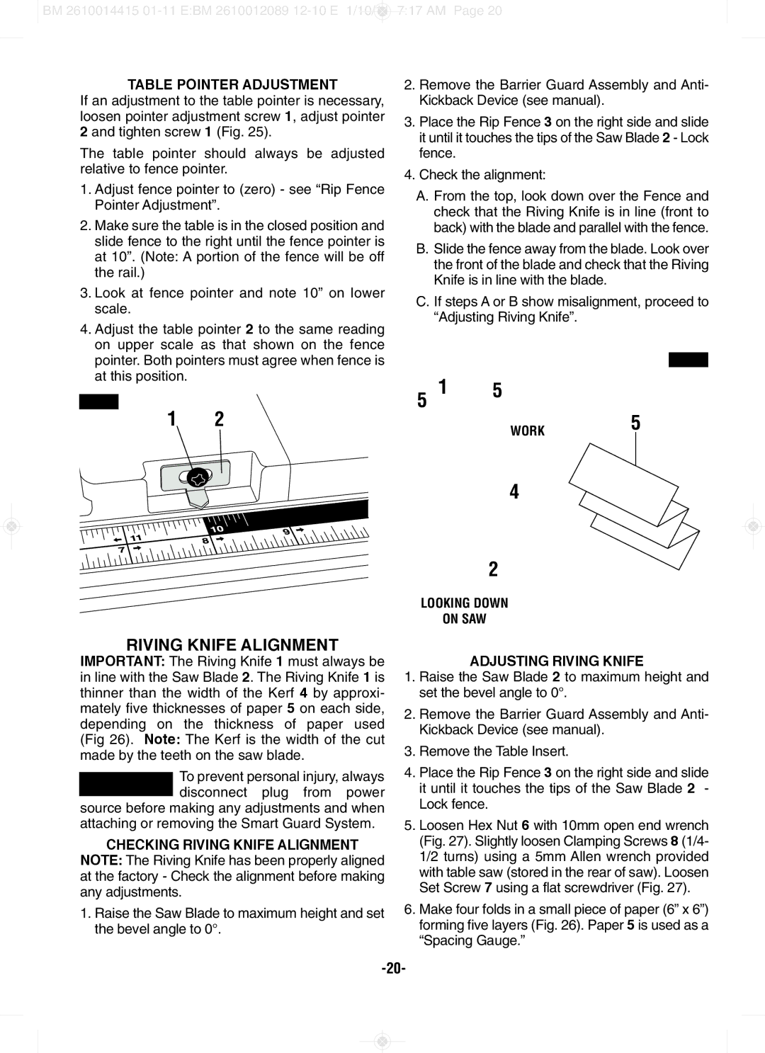 Bosch Power Tools GTS1031 manual TAblE pOINTER AdjUSTMENT, Disconnect plug from power, CHECKINg RIVINg KNIfE AlIgNMENT 