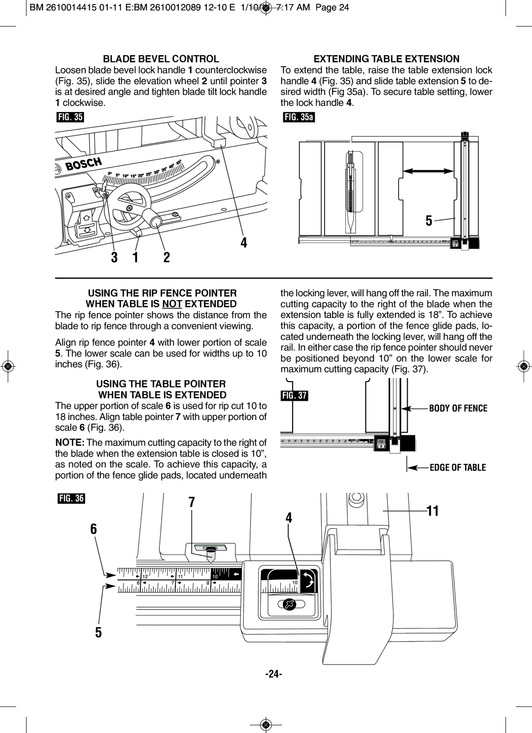 Bosch Power Tools GTS1031 manual BlAdE bEVEl CONTROl, EXTENdINg TAblE Extension, USINg the RIp fENCE pOINTER 