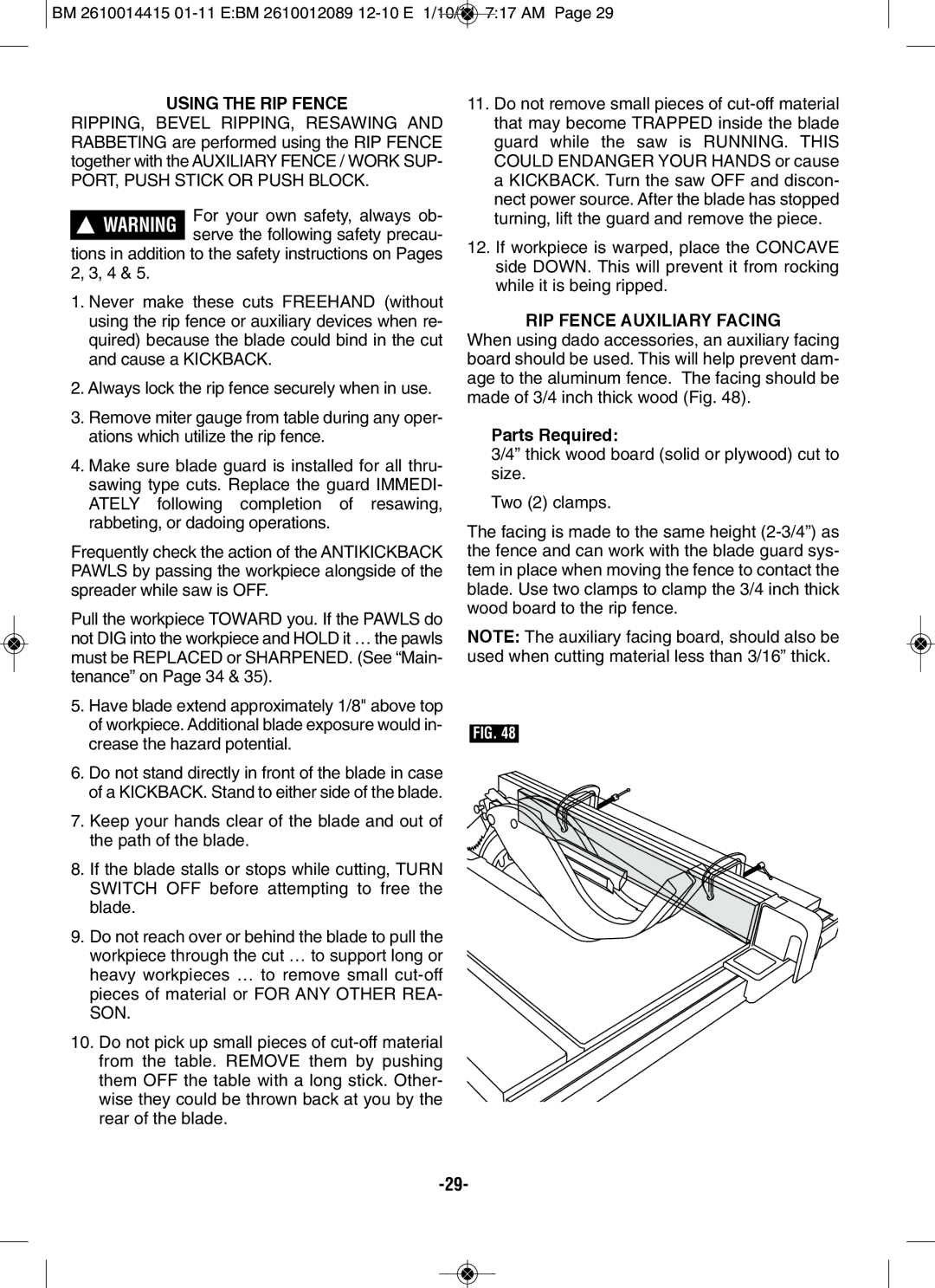 Bosch Power Tools GTS1031 manual USINg the RIp fENCE, RIp fENCE AUXIlIARy fACINg, Parts Required 