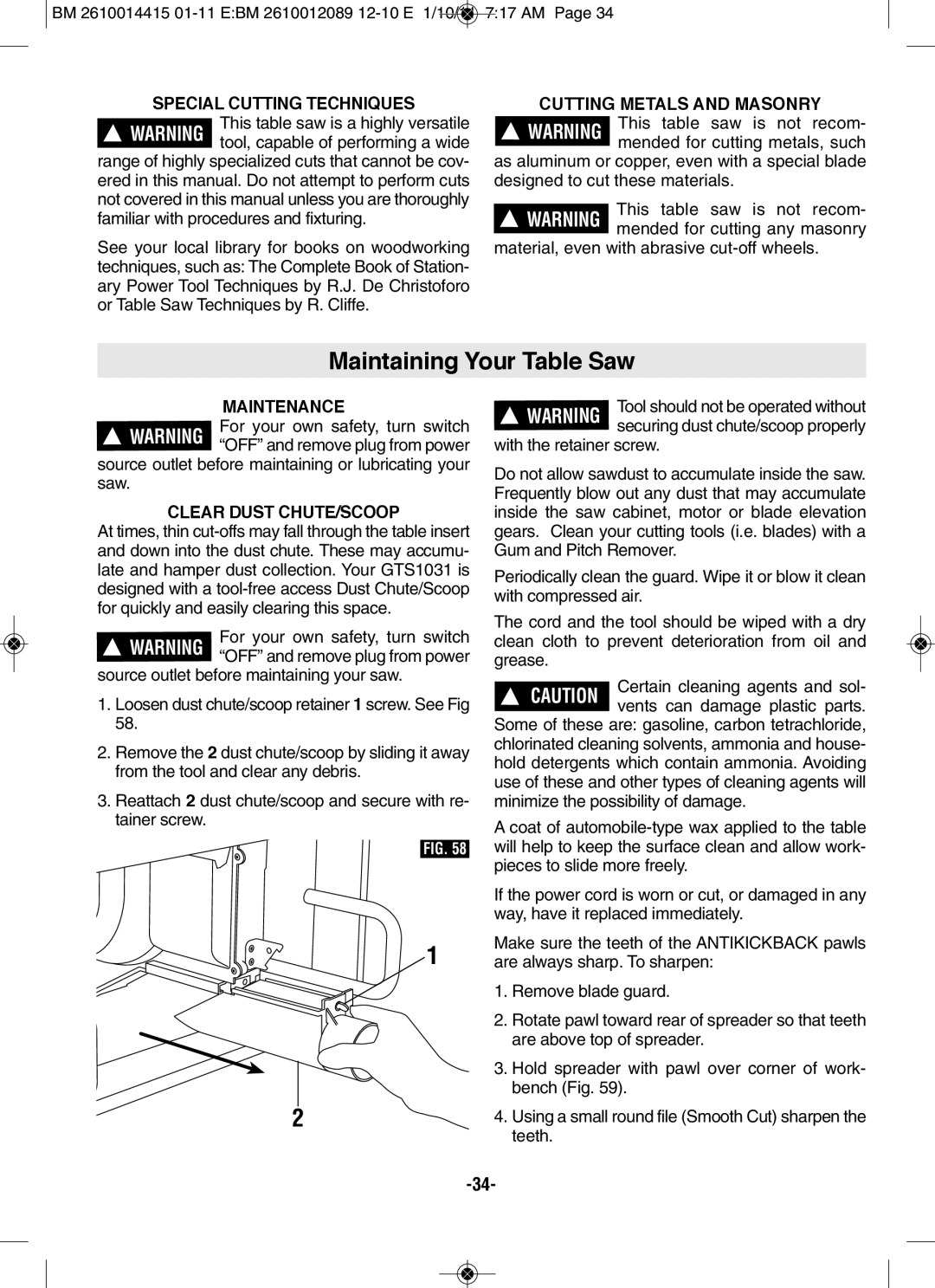 Bosch Power Tools GTS1031 Maintaining your Table Saw, SpECIAl CUTTINg Techniques, CUTTINg METAlS ANd MASONRy, Maintenance 