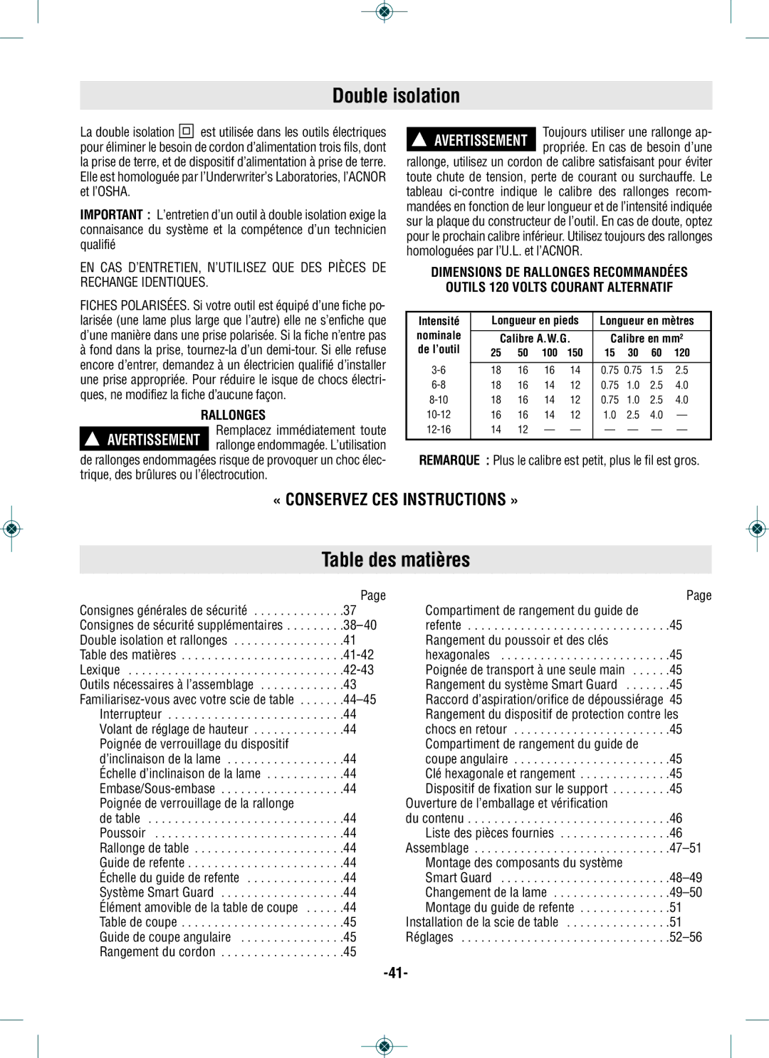 Bosch Power Tools GTS1031 manual Double isolation, Table des matières, Rallonges 