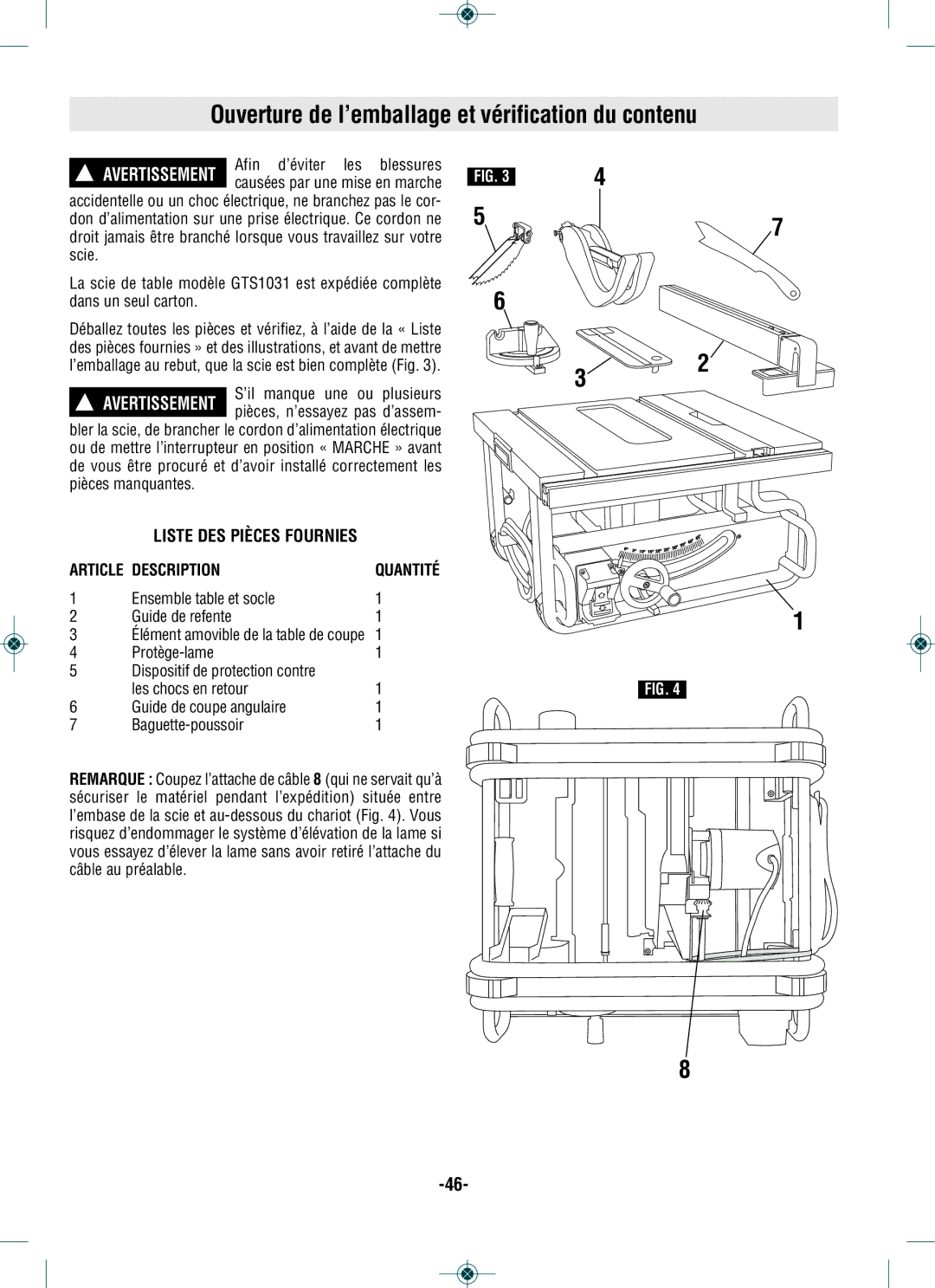 Bosch Power Tools GTS1031 Ouverture de l’emballage et vérification du contenu, Liste DES Pièces Fournies, Description 