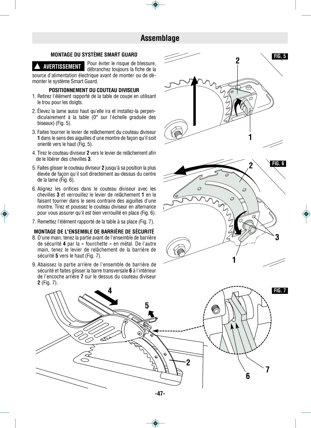 Bosch Power Tools GTS1031 manual Assemblage, Montage DU Système Smart Guard, Positionnement DU Couteau Diviseur 