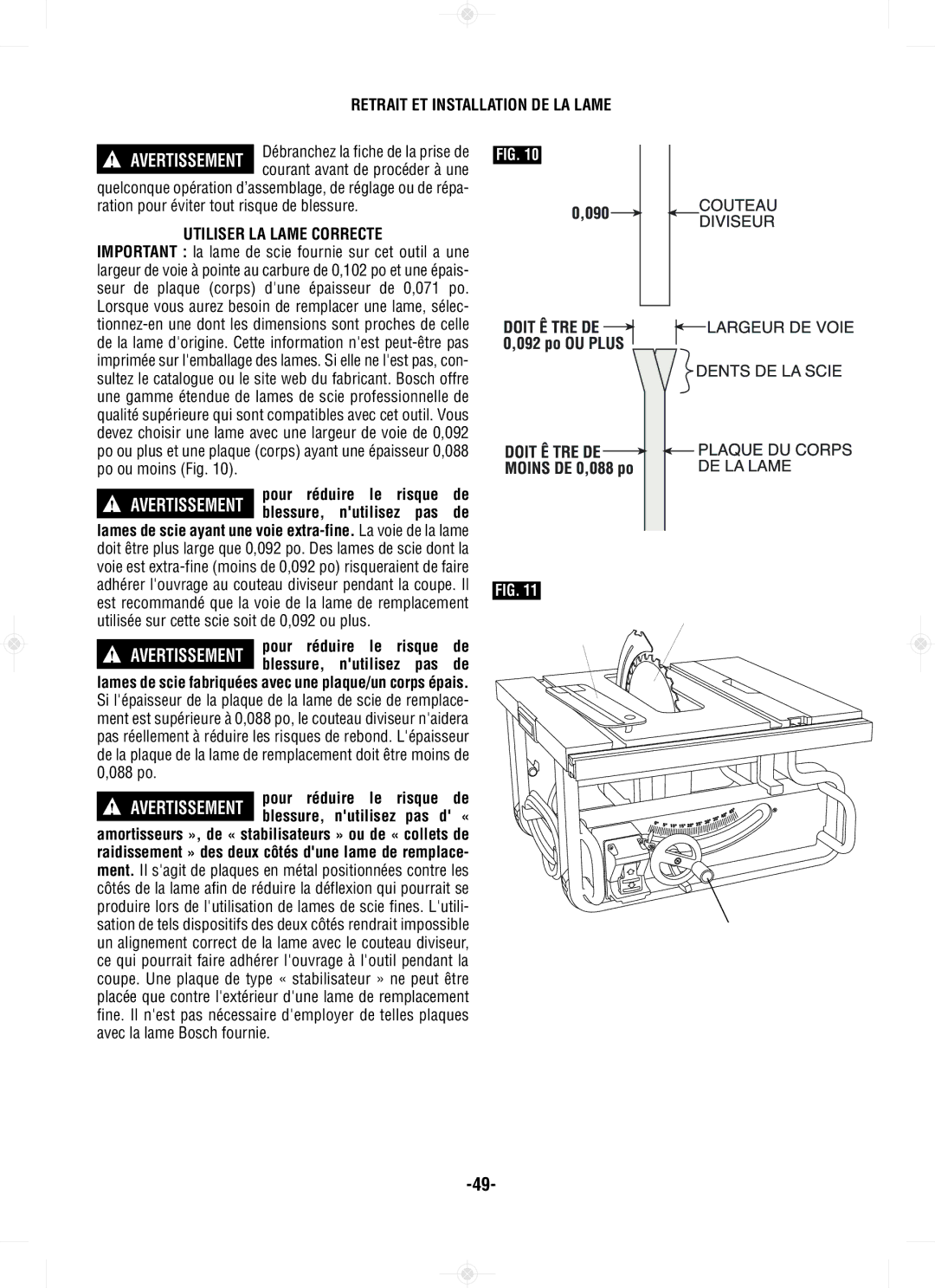 Bosch Power Tools GTS1031 BM 2610014415 01-11 FBM 2610012089 12-10 F 1/10/11 716 AM, Retrait ET Installation DE LA Lame 