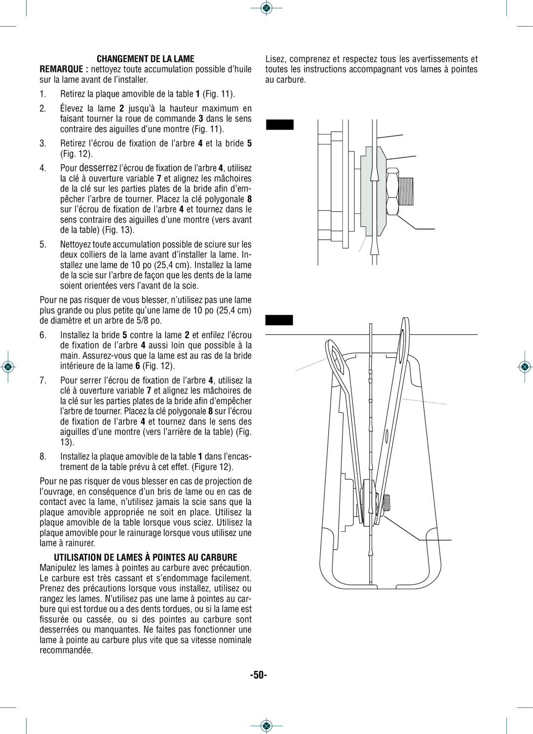 Bosch Power Tools GTS1031 manual Changement DE LA Lame, Retirez l’écrou de fixation de l’arbre 4 et la bride 5 Fig 