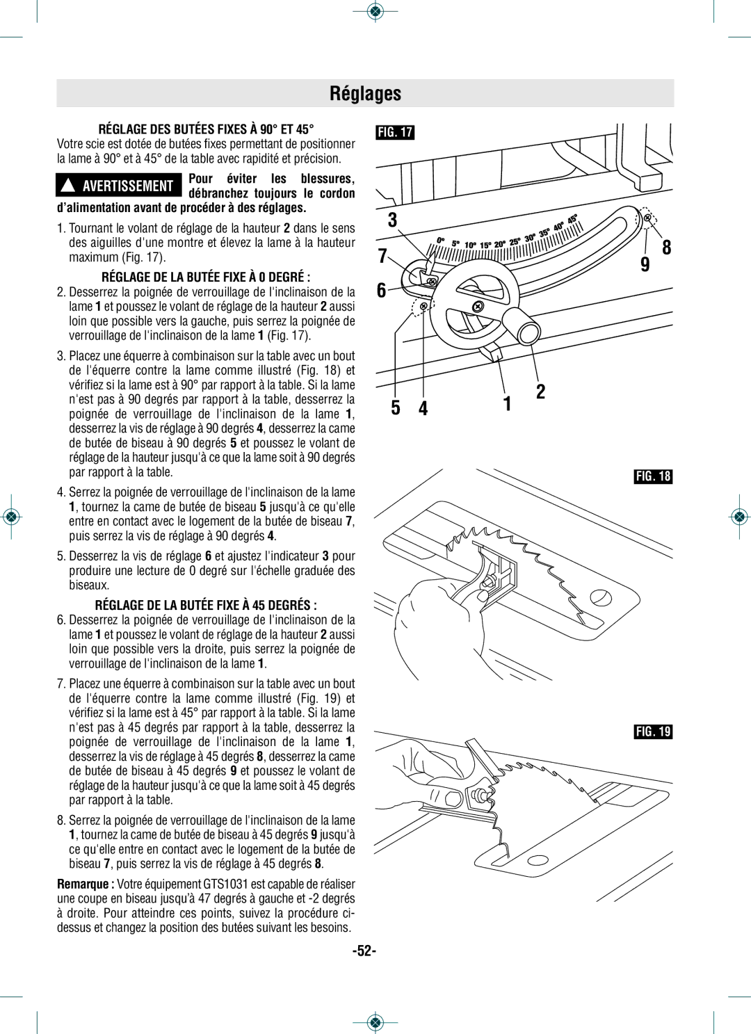 Bosch Power Tools GTS1031 manual Réglages, Réglage DES Butées Fixes À 90 ET, Réglage DE LA Butée Fixe À 0 Degré 