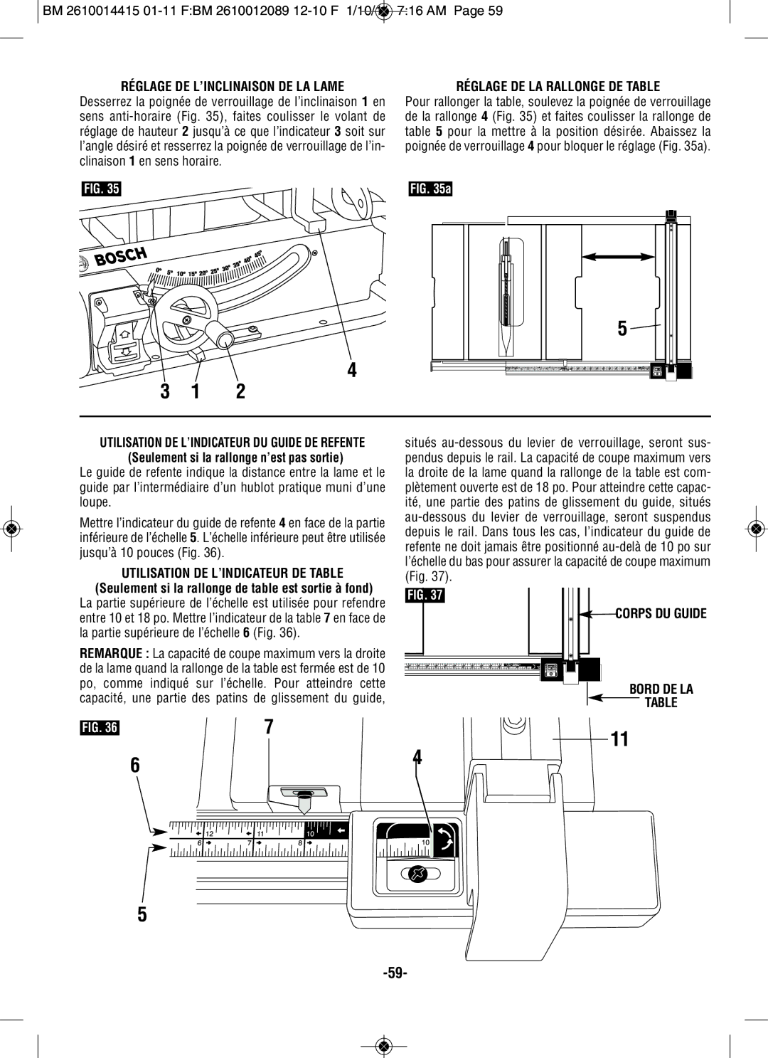 Bosch Power Tools GTS1031 manual Réglage DE L’INCLINAISON DE LA Lame, Réglage DE LA Rallonge DE Table, Bord DE LA 