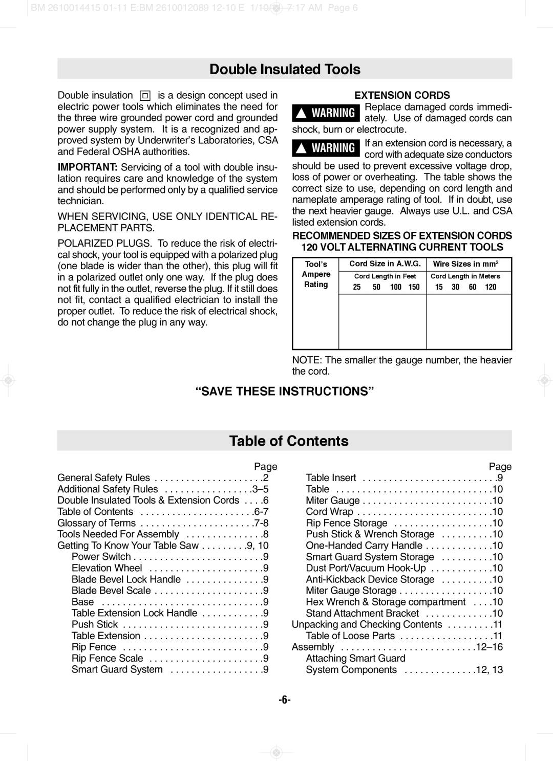 Bosch Power Tools GTS1031 manual Double Insulated Tools, Table of Contents 