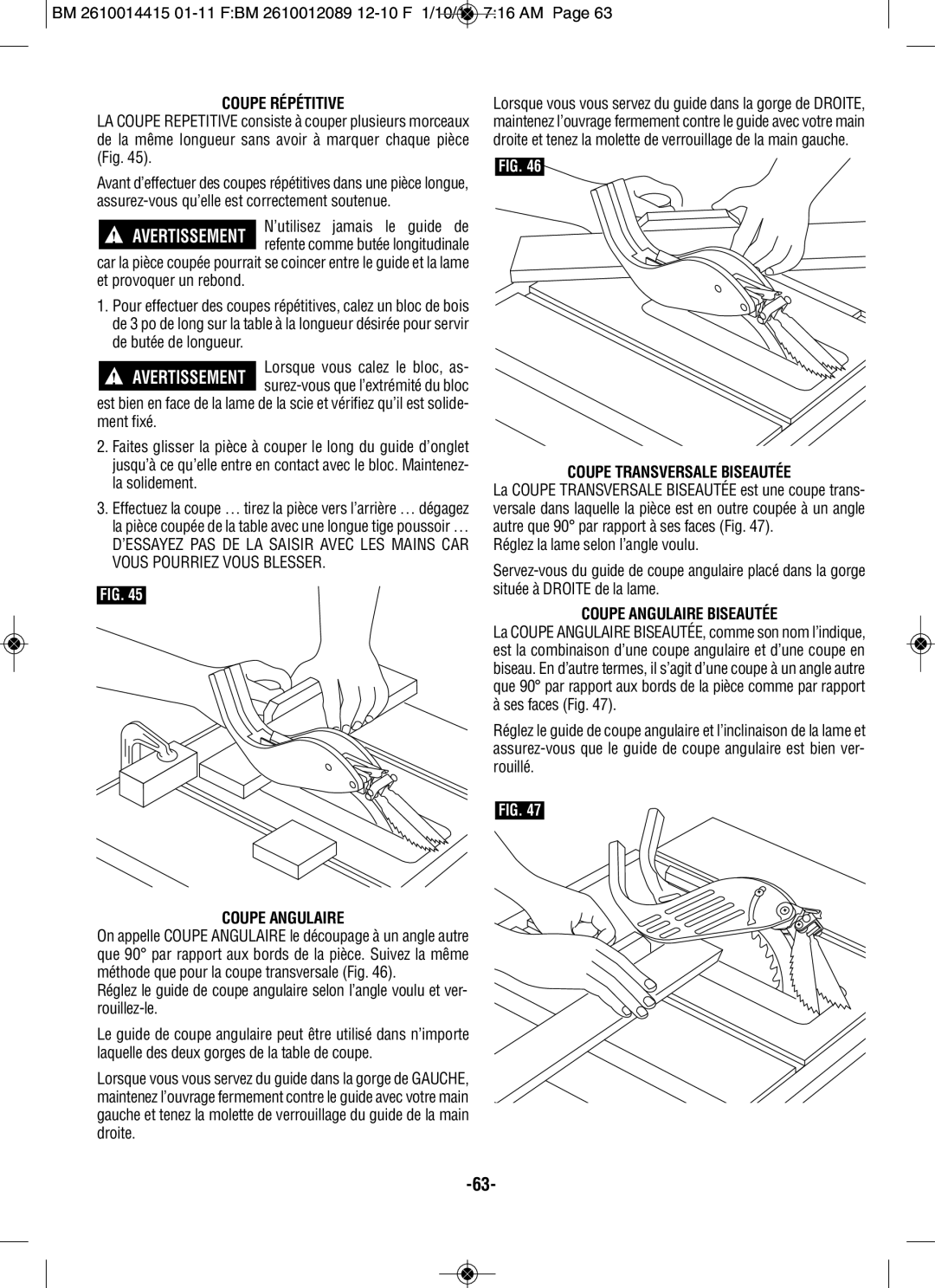 Bosch Power Tools GTS1031 Coupe Répétitive, ’utilisez jamais le guide de, Coupe Angulaire, Coupe Transversale Biseautée 