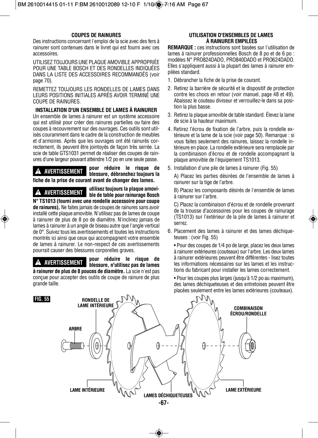 Bosch Power Tools GTS1031 manual Coupes DE Rainures, Utilisation Densembles DE Lames Rainurer Empilées 