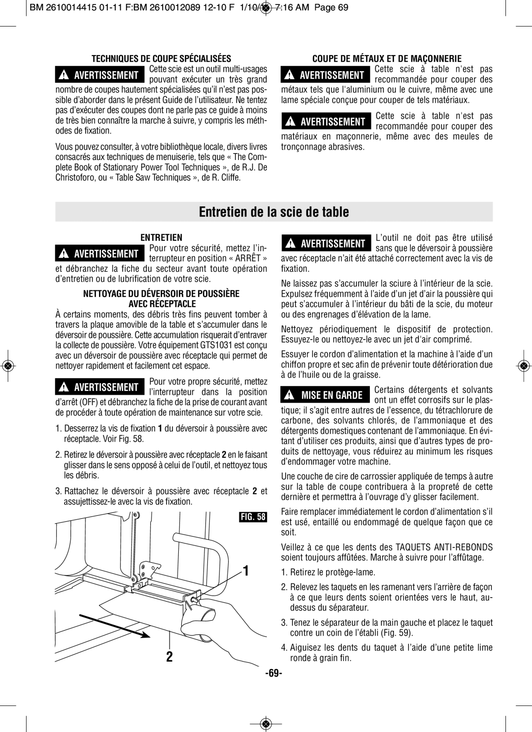 Bosch Power Tools GTS1031 manual Entretien de la scie de table, Techniques DE Coupe Spécialisées 