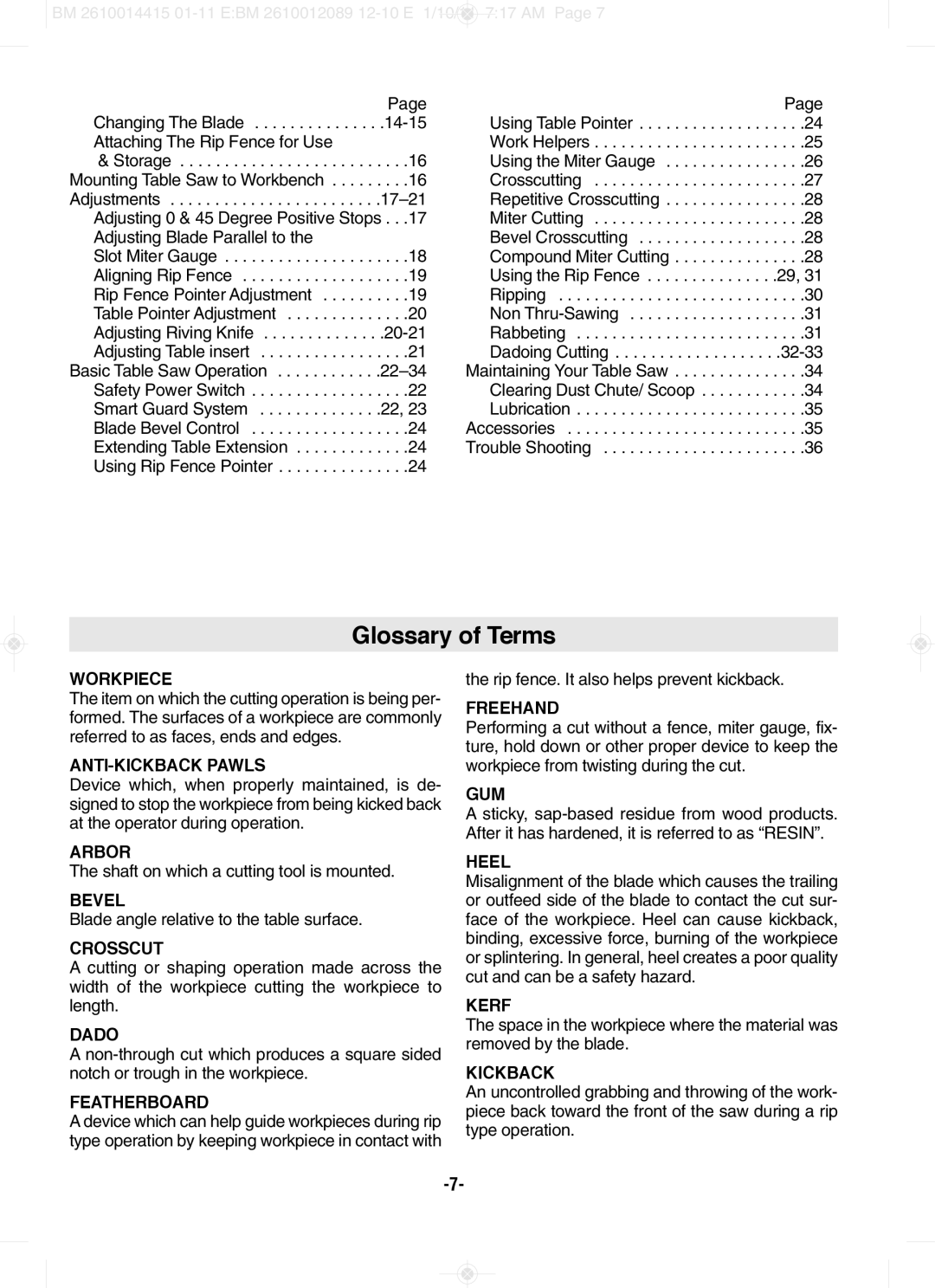 Bosch Power Tools GTS1031 manual Glossary of Terms, Crosscut 