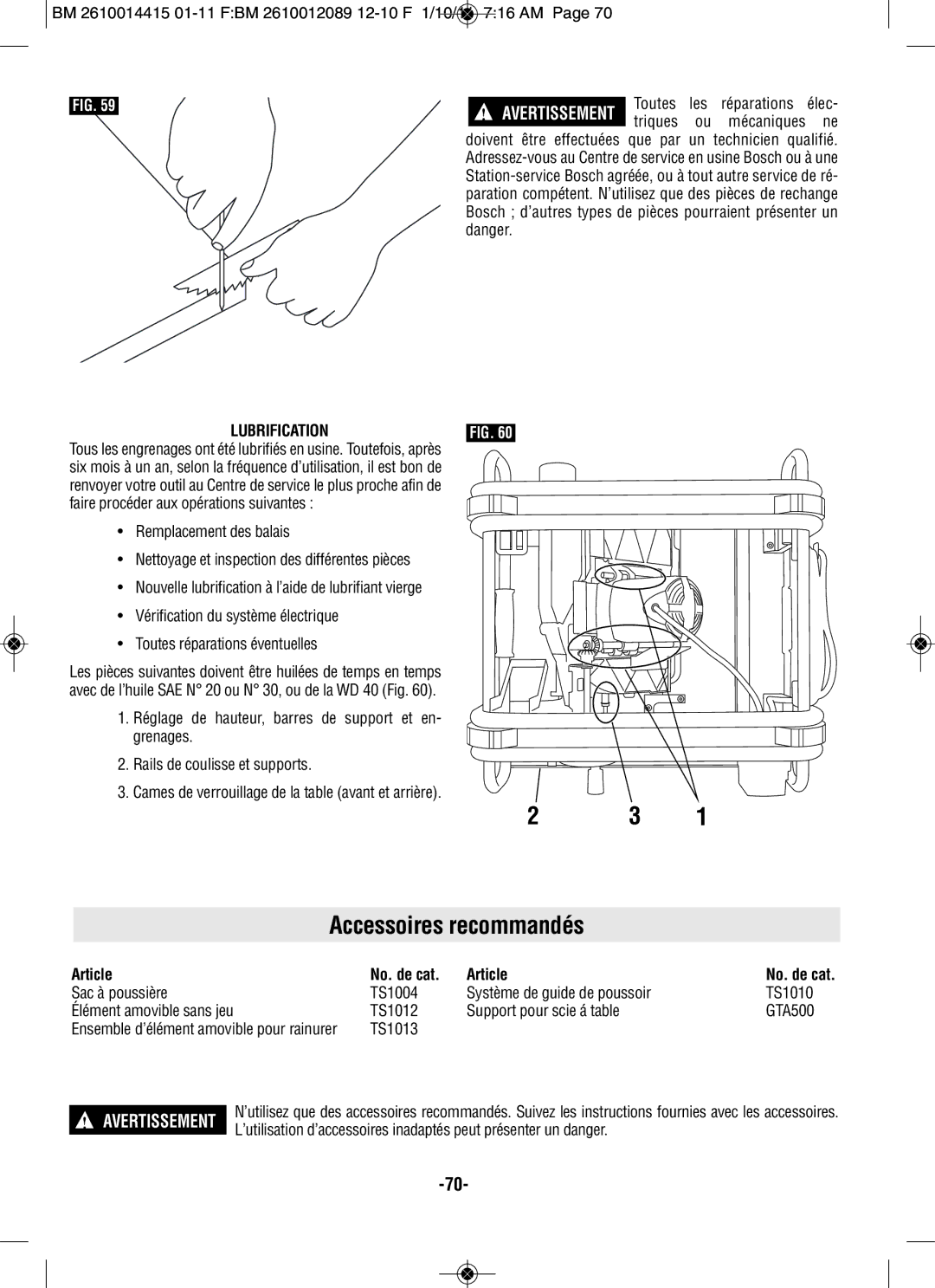 Bosch Power Tools GTS1031 manual Accessoires recommandés, Lubrification, Article No. de cat 