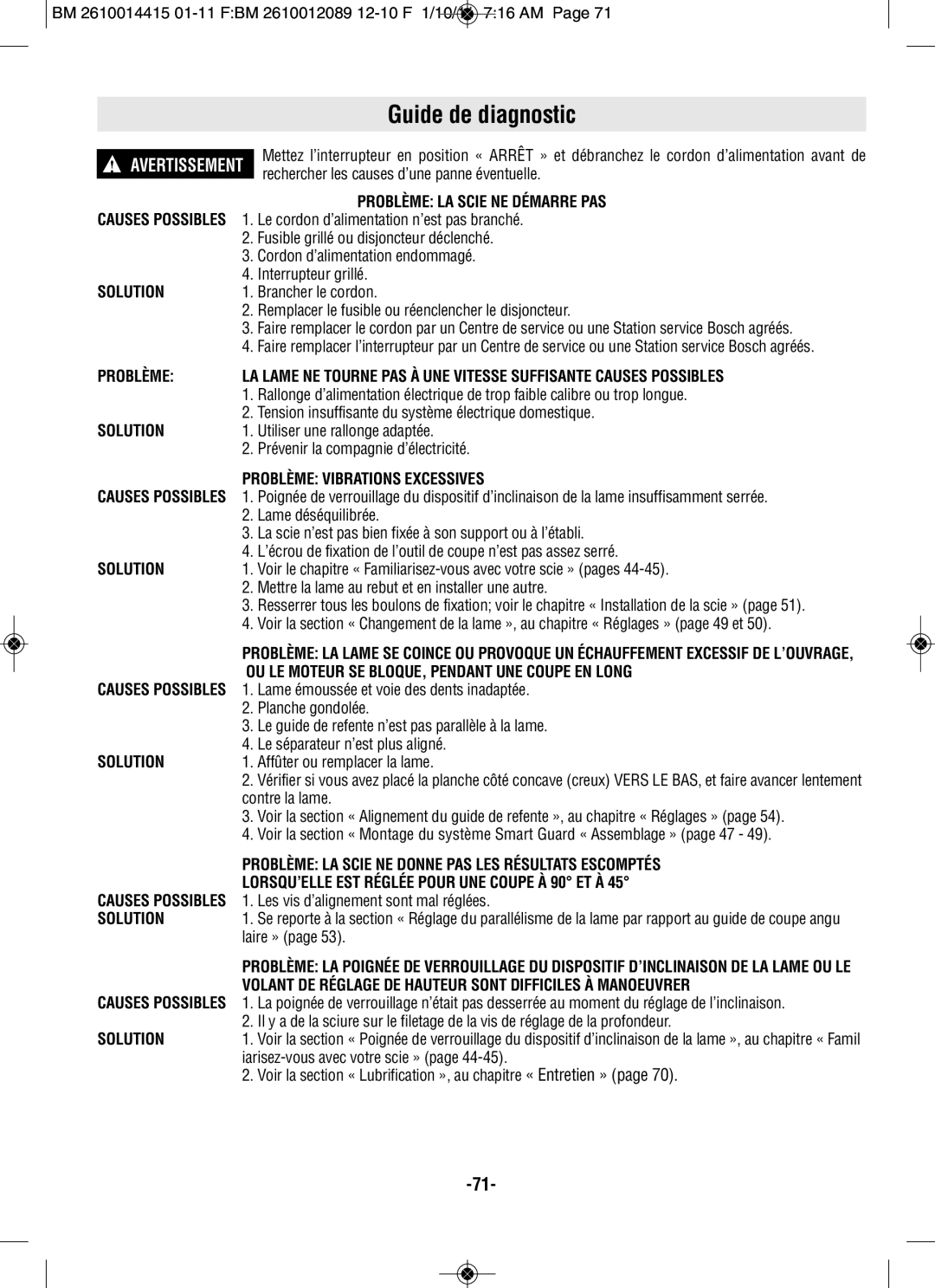 Bosch Power Tools GTS1031 manual Guide de diagnostic 