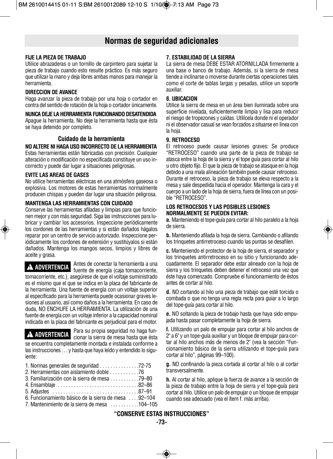 Bosch Power Tools GTS1031 manual Normas de seguridad adicionales, Cuidado de la herramienta 