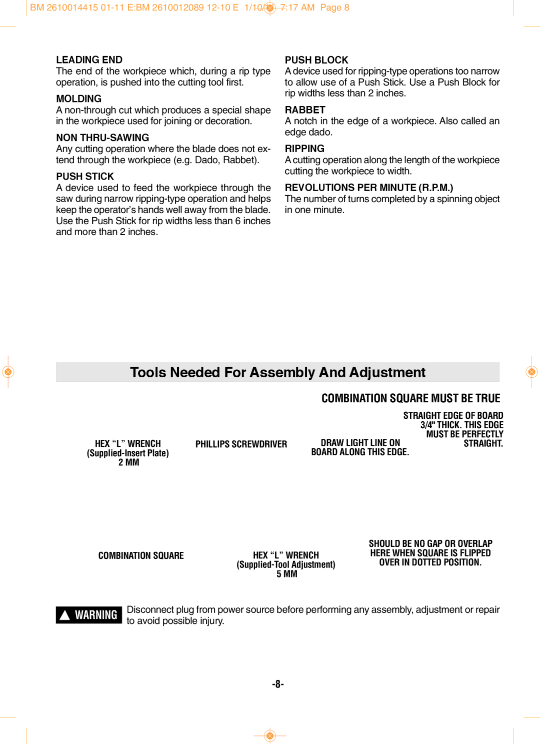 Bosch Power Tools GTS1031 manual Tools Needed for Assembly And Adjustment, THICK. this Edge, Must be Perfectly 